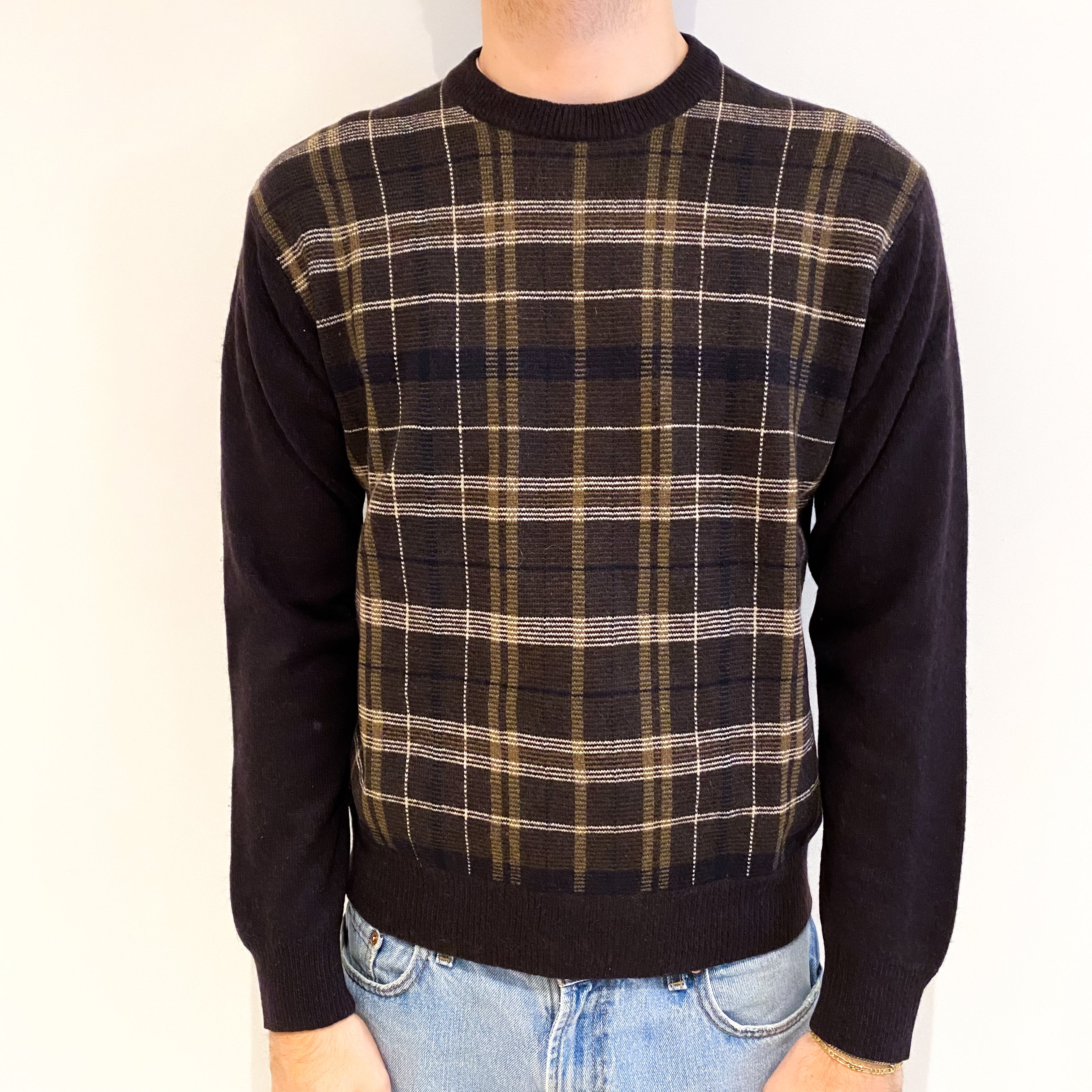 Men's Dark Brown Checked Cashmere Crew Neck Jumper Large
