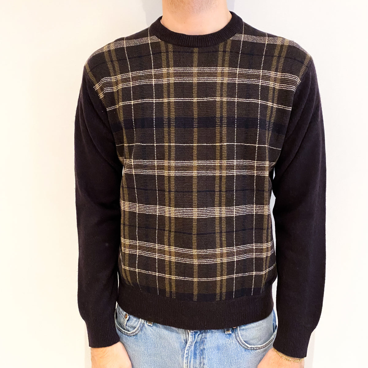 Men's Dark Brown Checked Cashmere Crew Neck Jumper Large