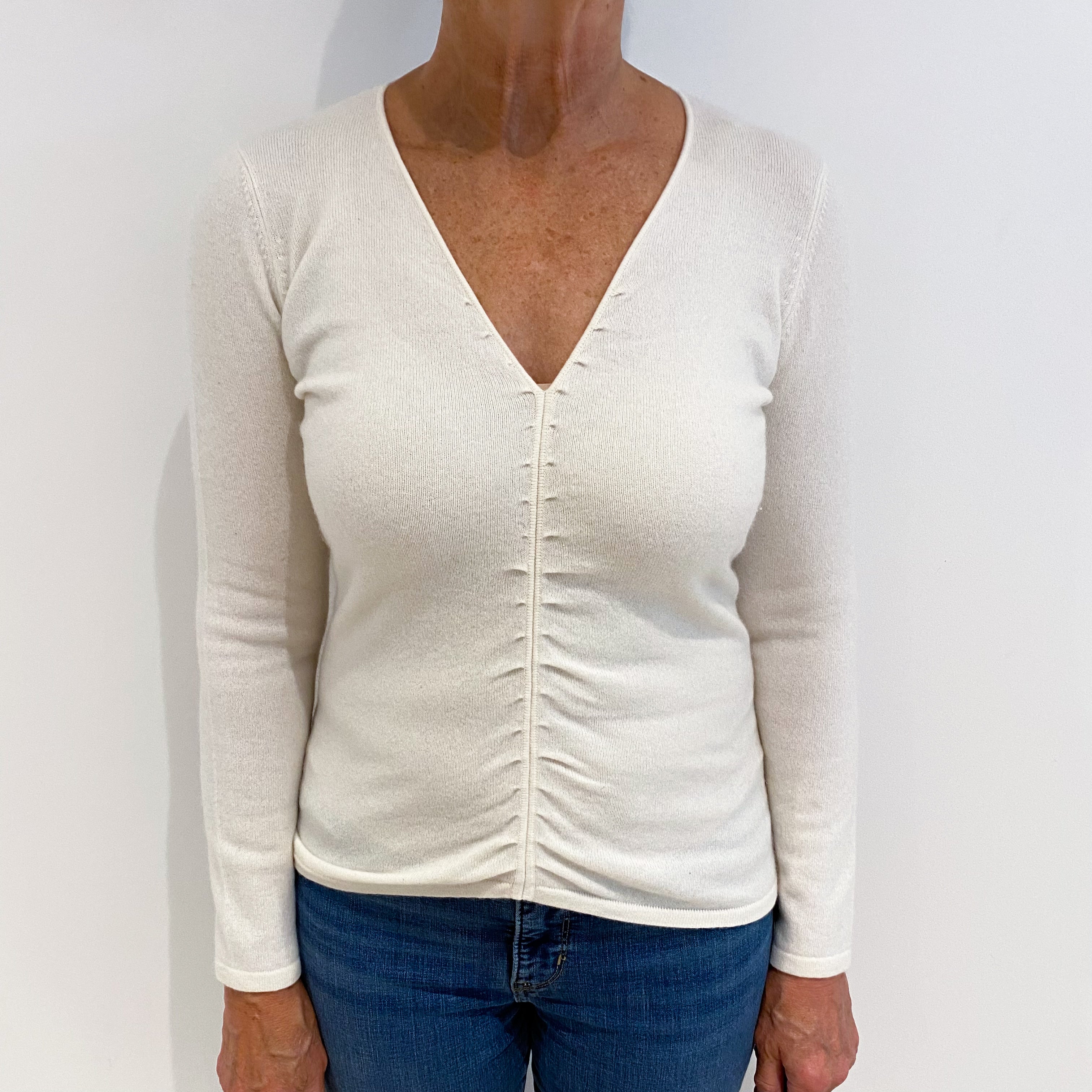 Cream Gathered Cashmere V-Neck Jumper Medium