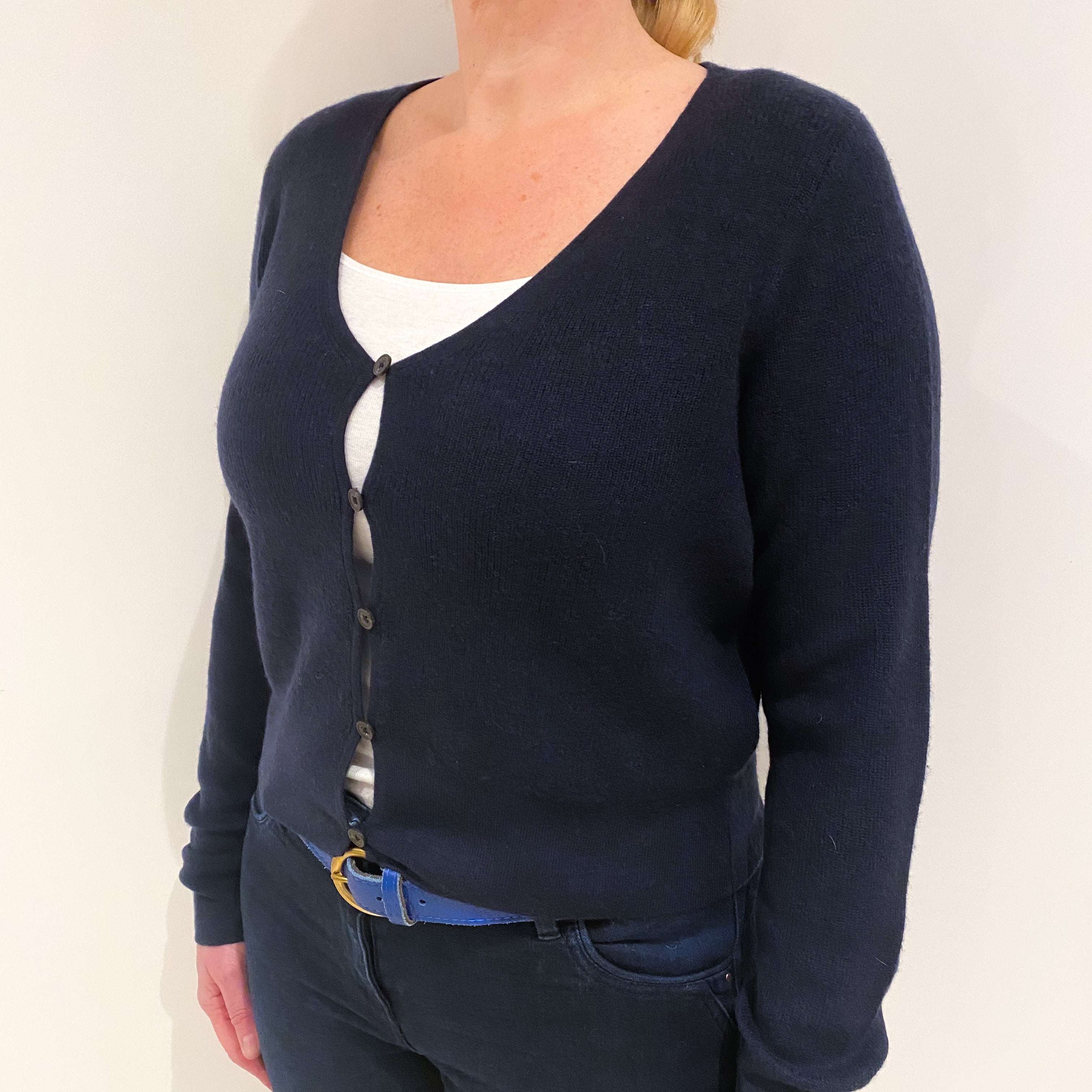 Navy Blue Cropped Scoop Neck Cashmere Cardigan Large