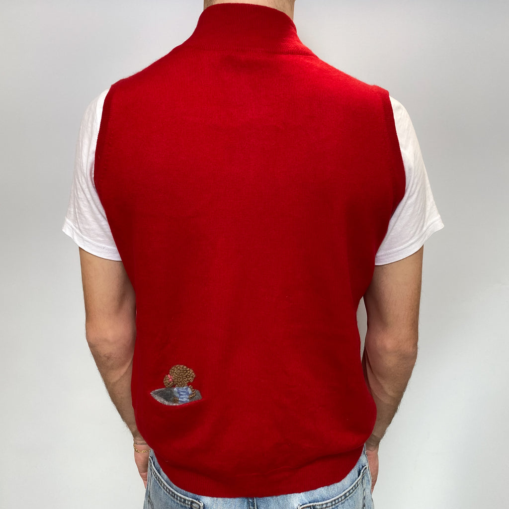 Men's Red Poodle Motif Cashmere Sleeveless Zip Up Cardigan Large