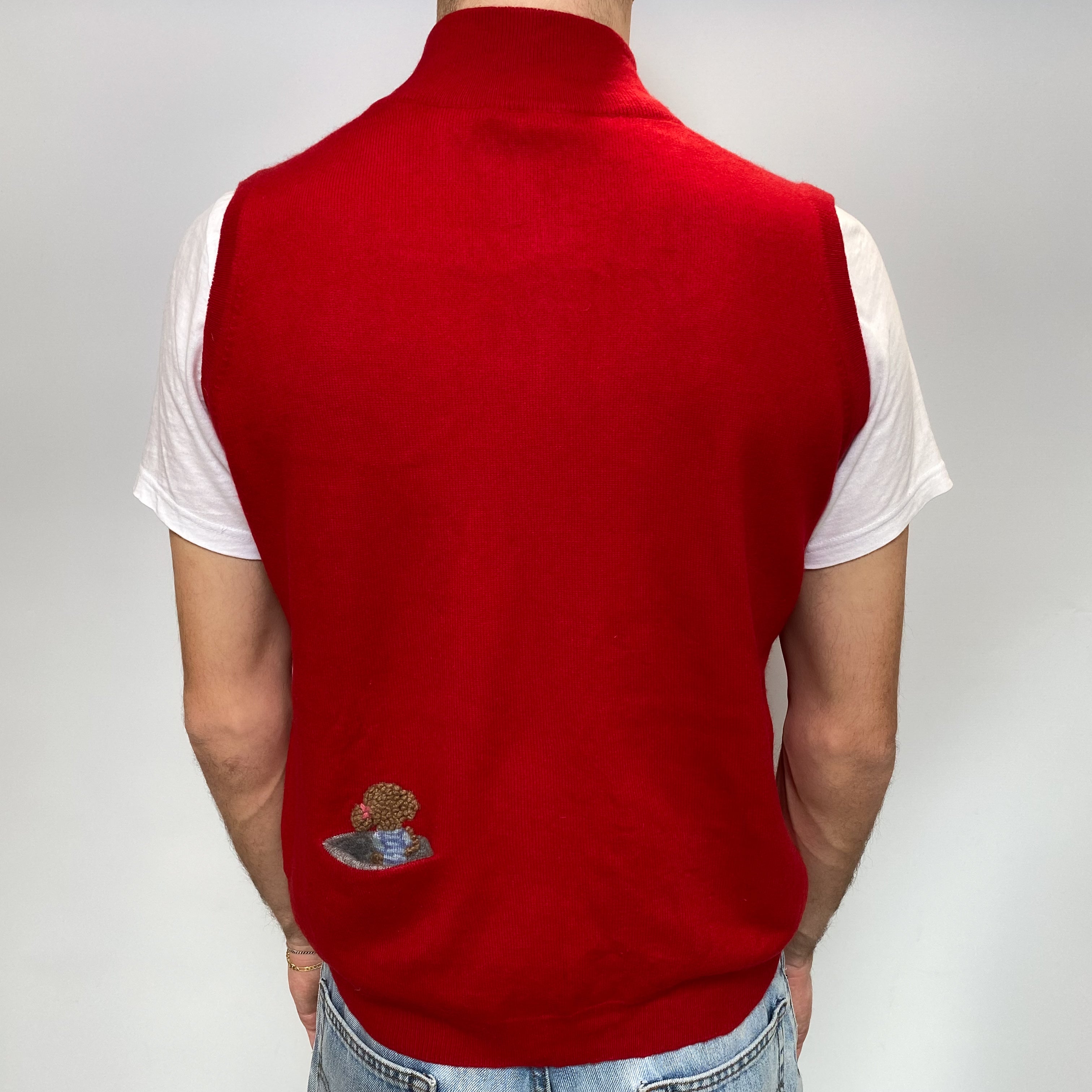 Men's Red Poodle Motif Cashmere Sleeveless Zip Up Cardigan Large