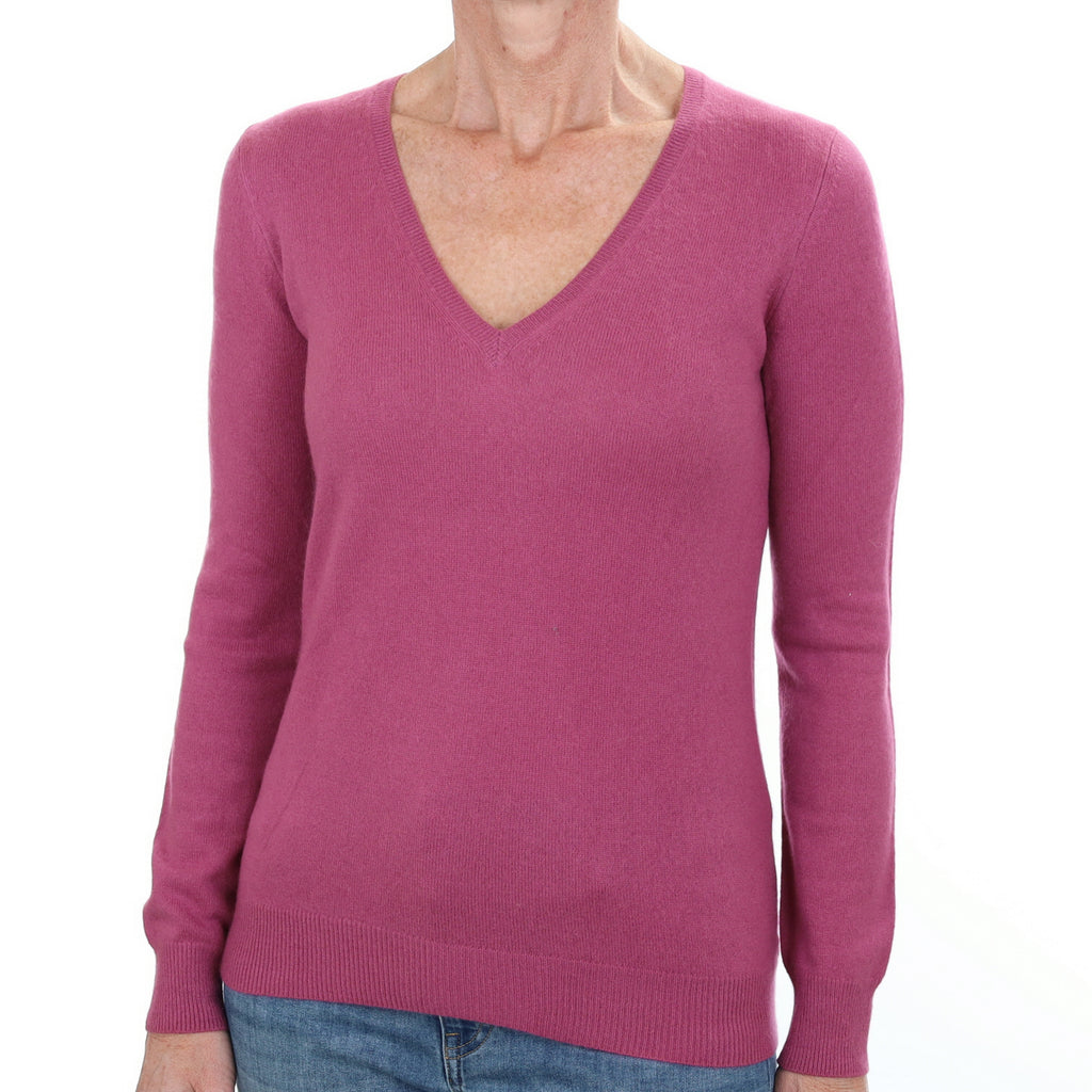 Fuchsia Pink Cashmere V Neck Jumper Small