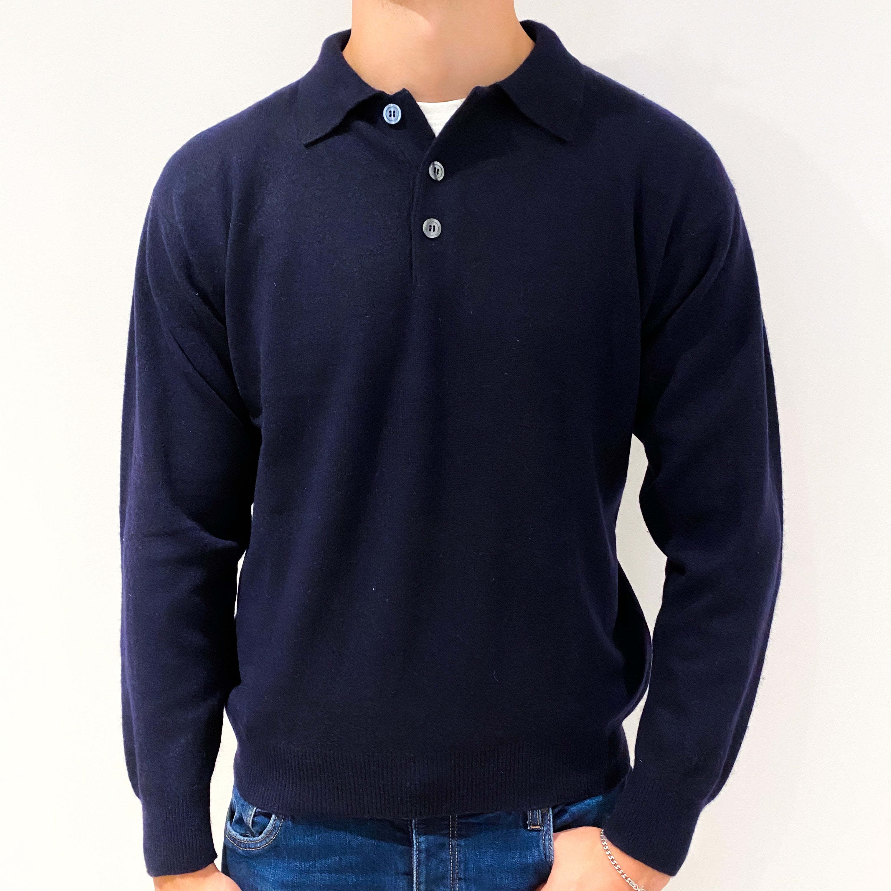 Men's Dark Navy Blue Cashmere 1/4 Button Jumper Extra Large