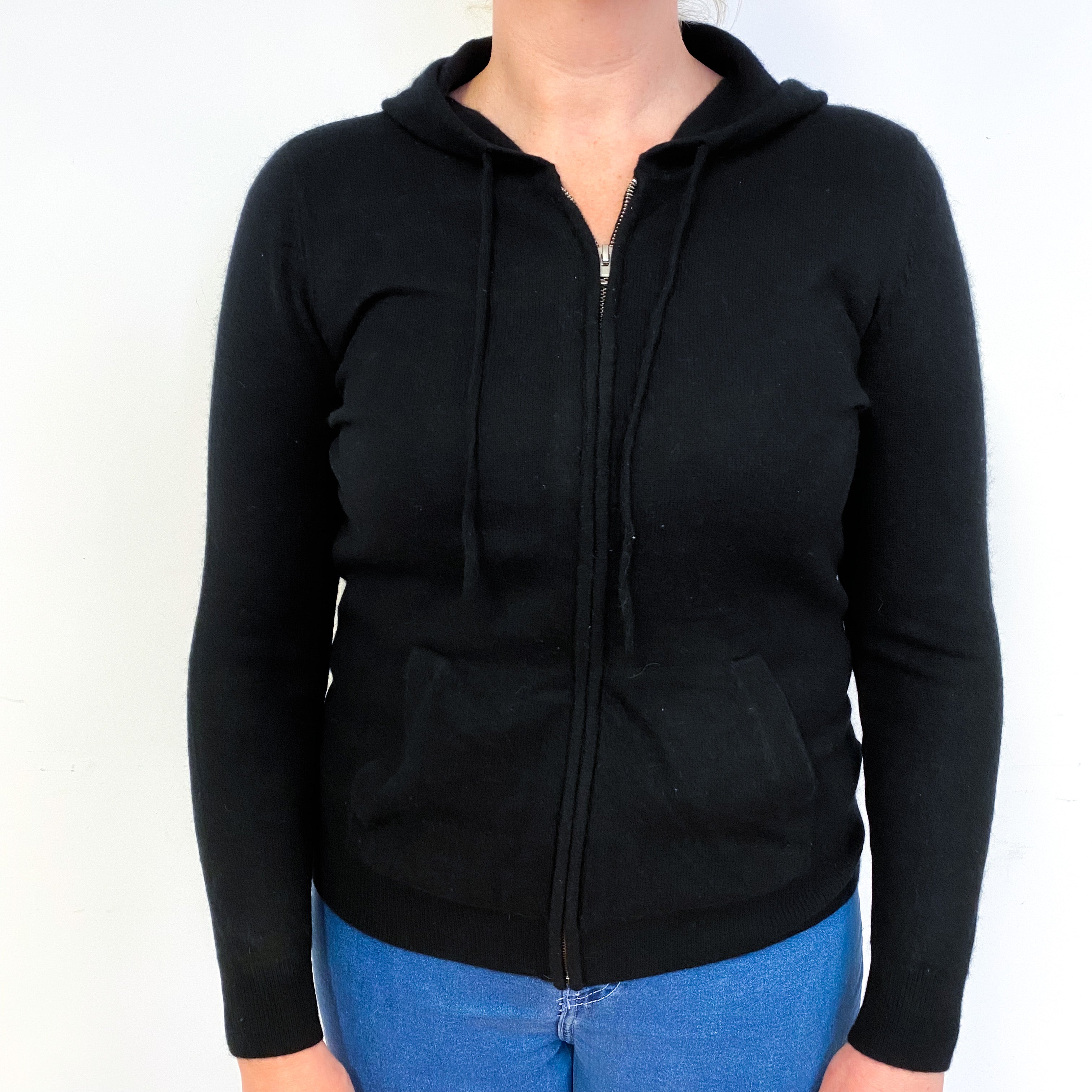 Black Cashmere Hoodie Cardigan with Pockets Large