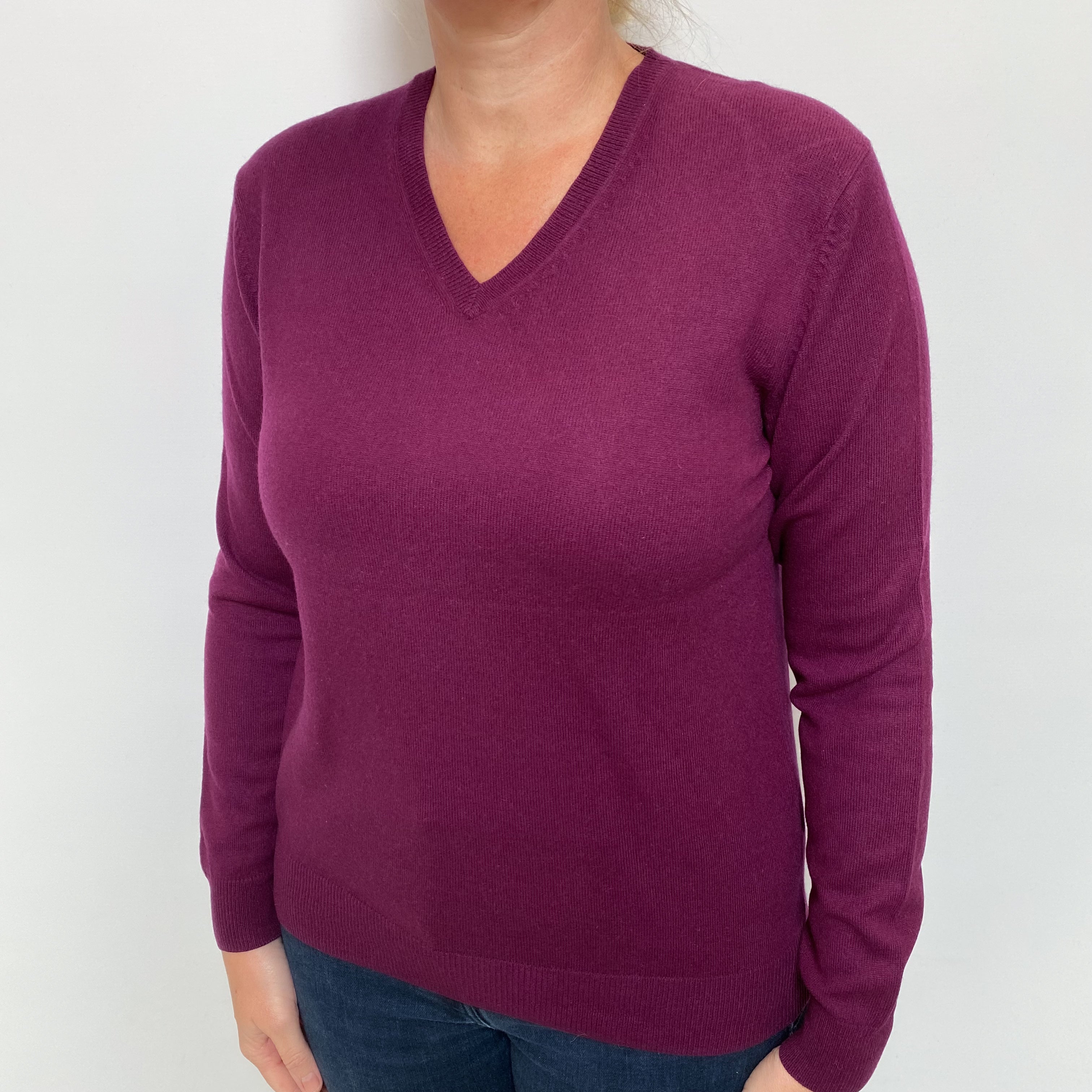 Plum Purple Cashmere V Neck Jumper Large