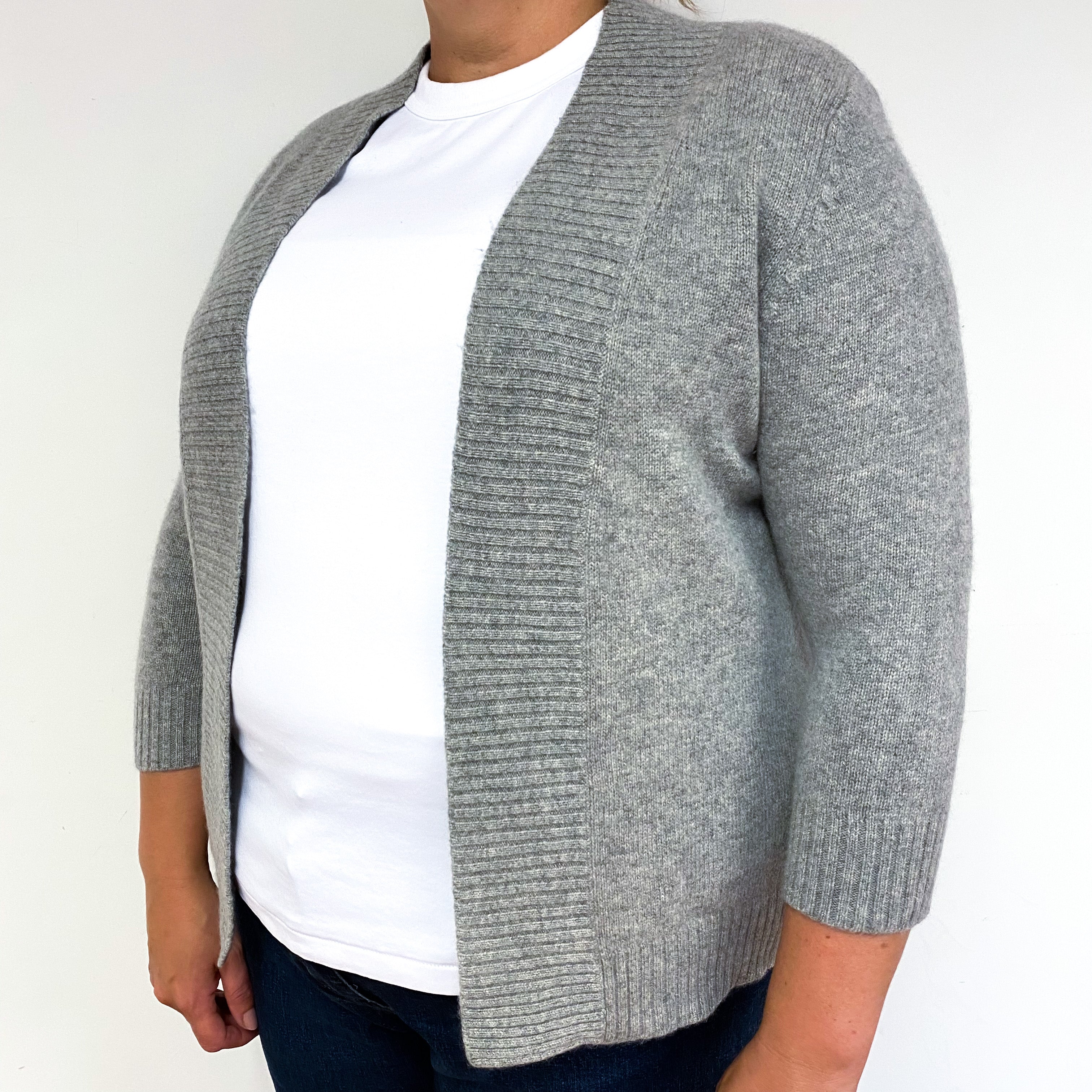 Grey 3/4 Sleeve Cashmere Edge to Edge Cardigan Extra Large