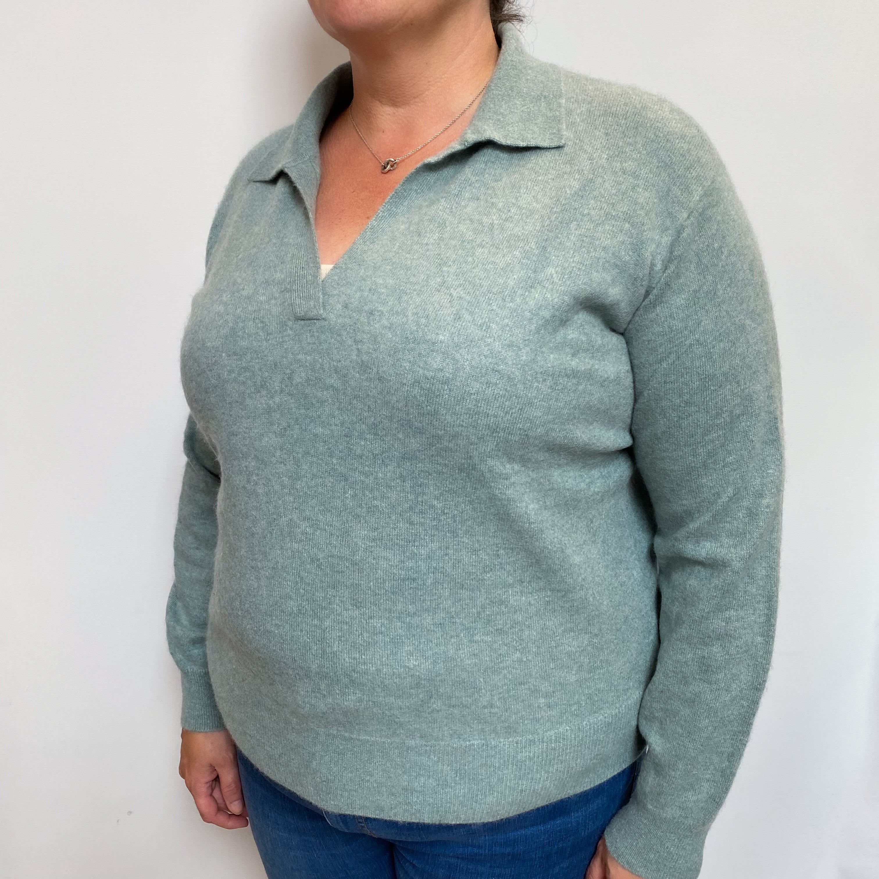 Duck Egg Green Cashmere Collared V Neck Jumper Extra Large
