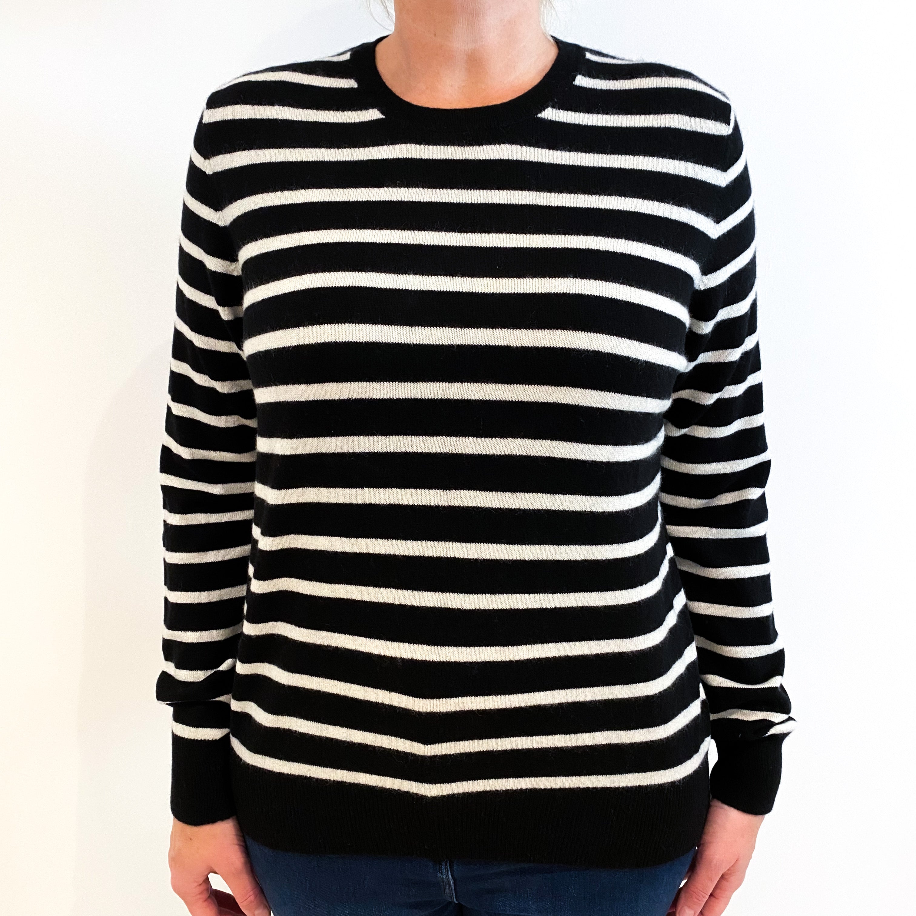 Black Cream Striped Cashmere Crew Neck Jumper Larhe
