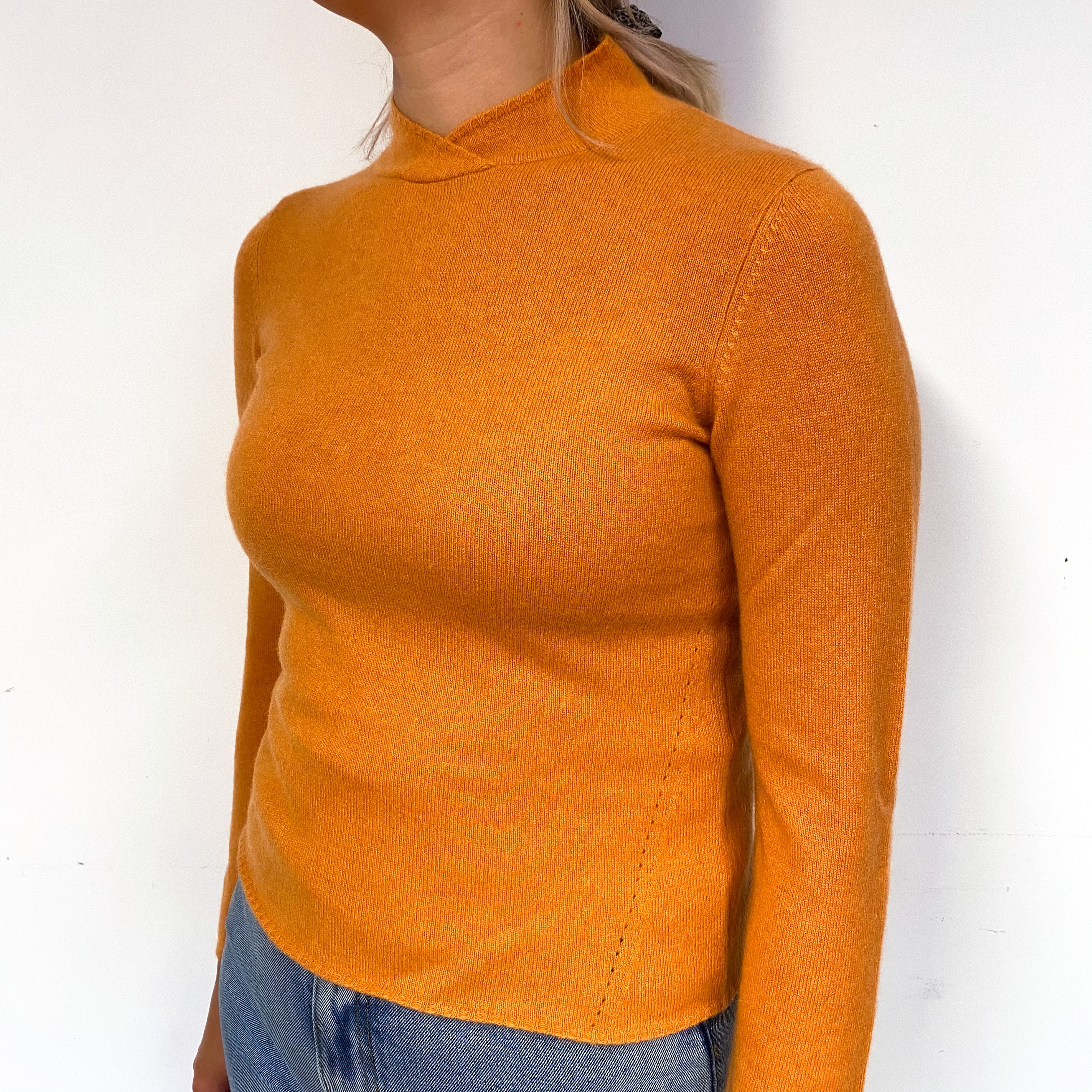 Pumpkin Orange Shawl Collar Cashmere Crew Neck Jumper Small