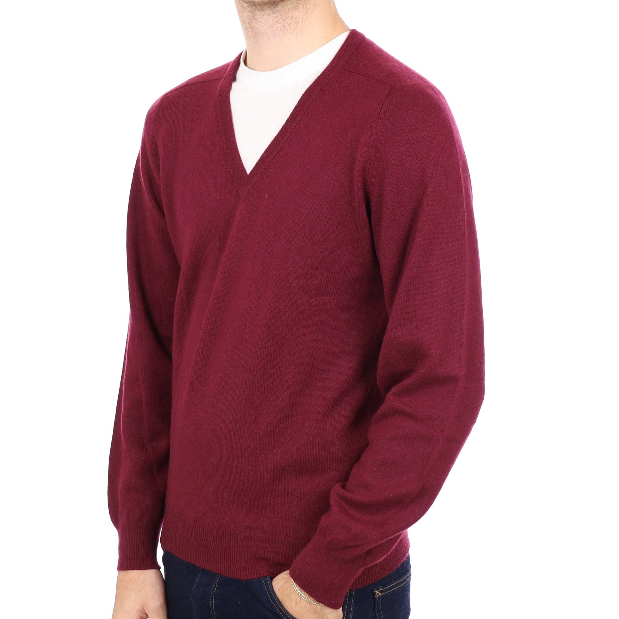 Men's Burgundy Red Cashmere V Neck Jumper Medium
