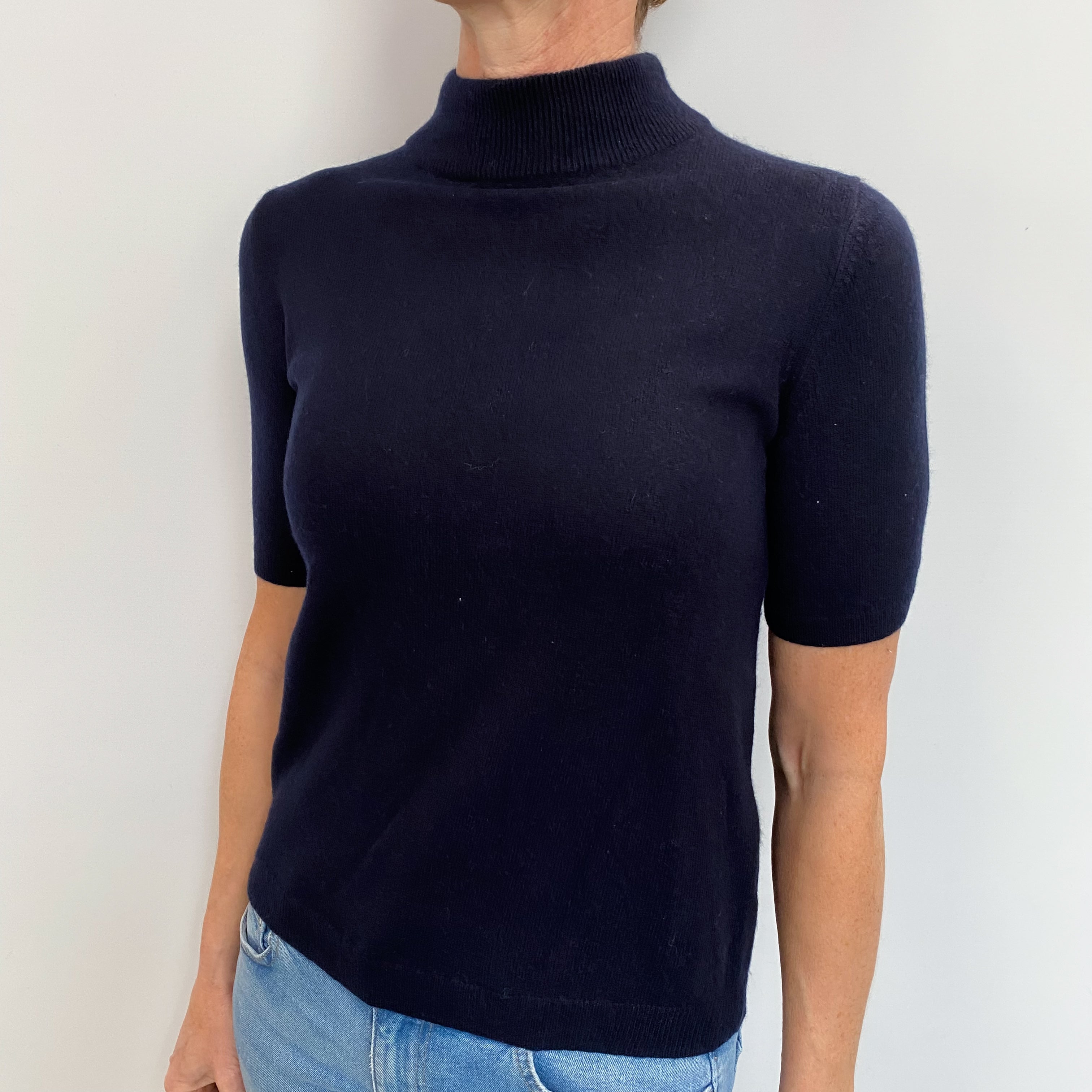 Dark Navy Cashmere Turtle Neck Short Sleeved Jumper Small