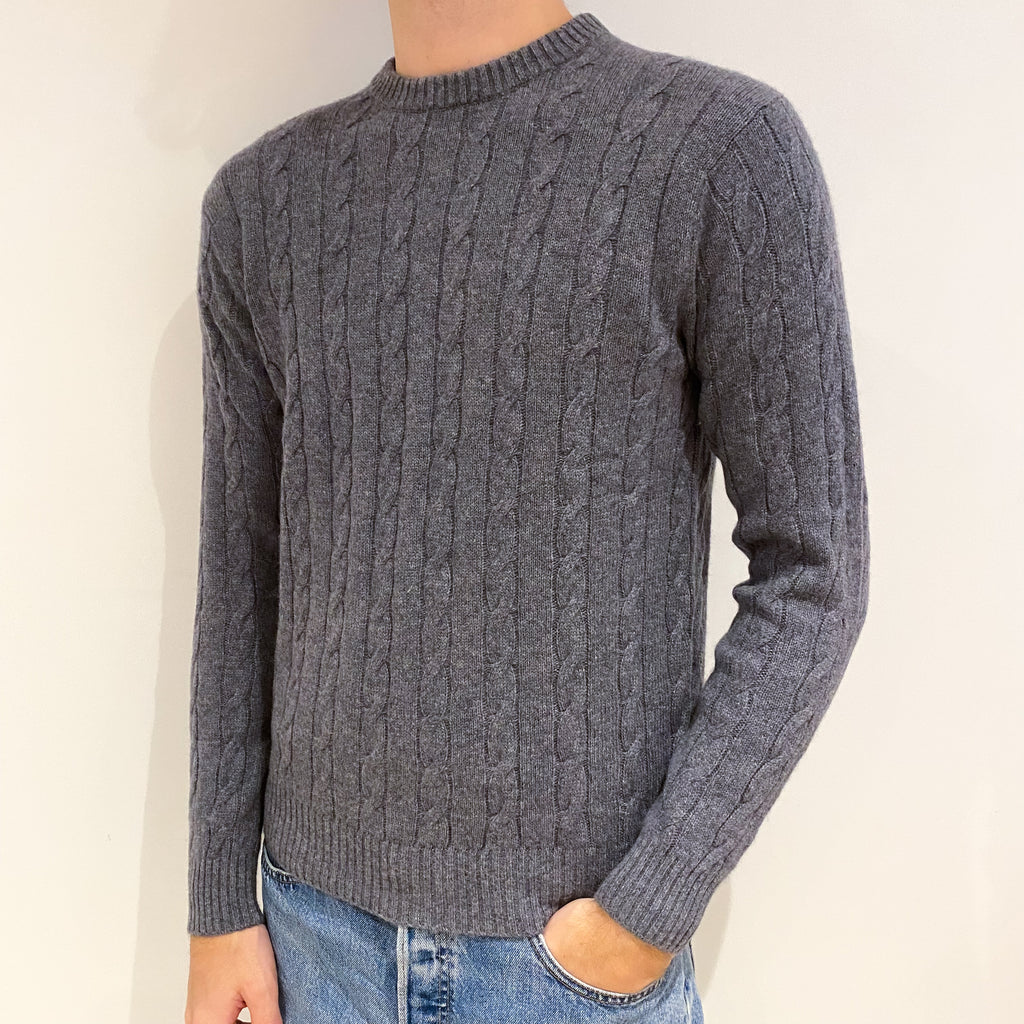 Men's Steel Grey Cable Cashmere Crew Neck Jumper Medium