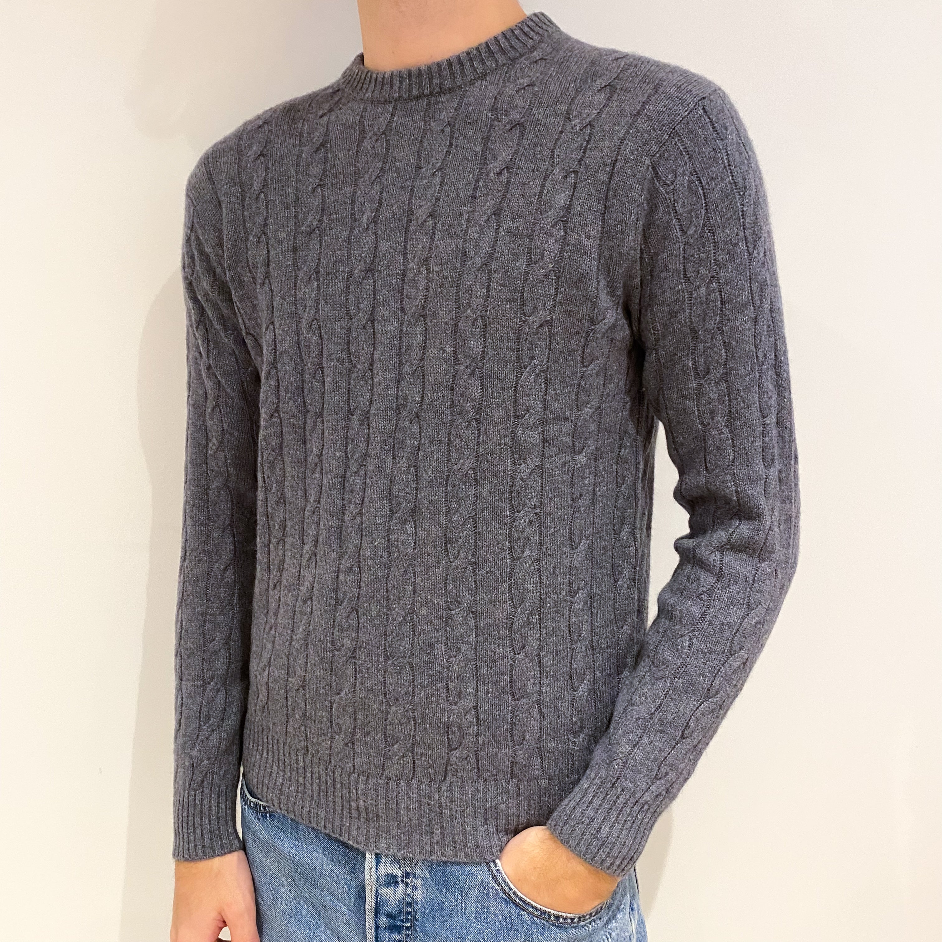 Men's Steel Grey Cable Cashmere Crew Neck Jumper Medium
