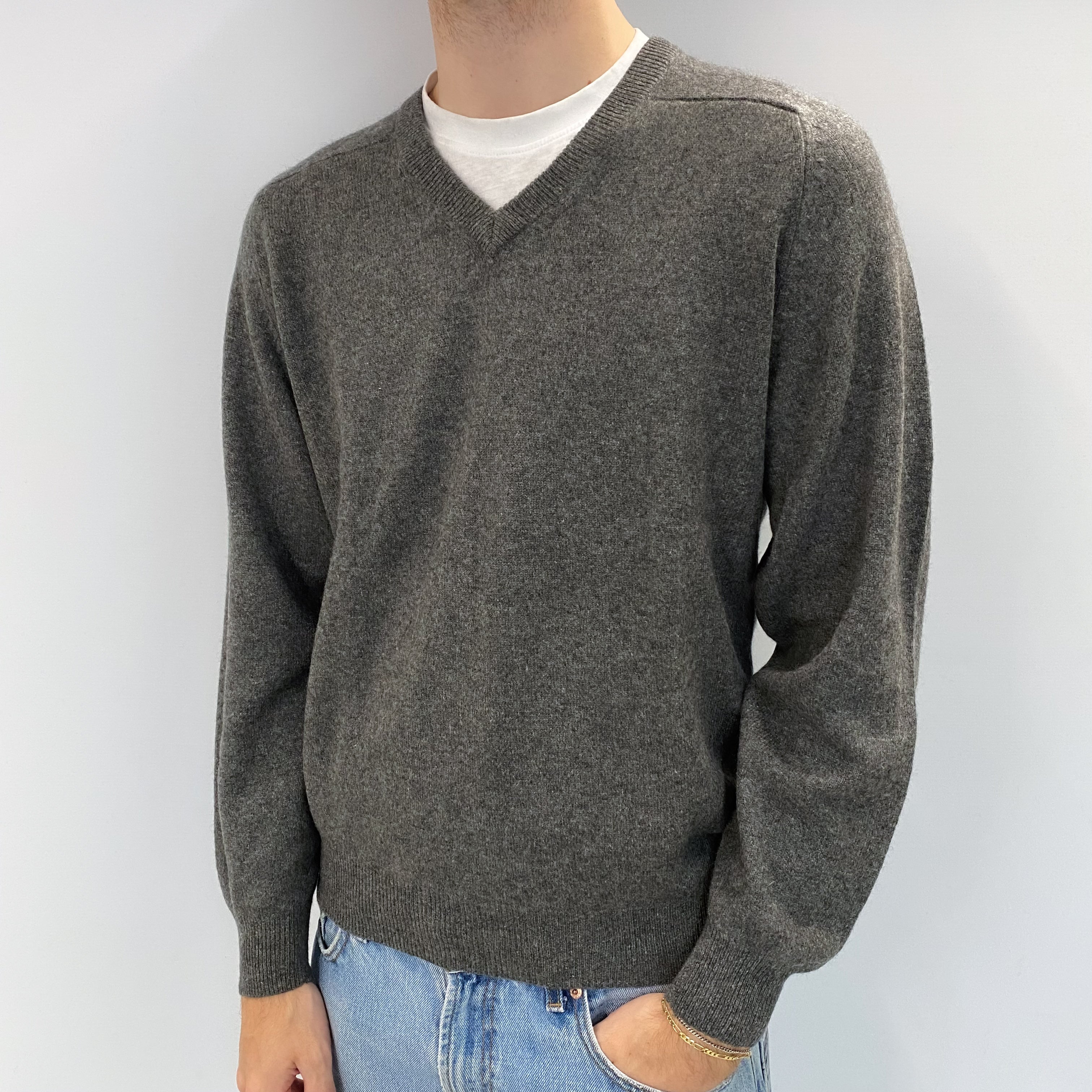 Men's Slate Grey Cashmere V Neck Jumper Large