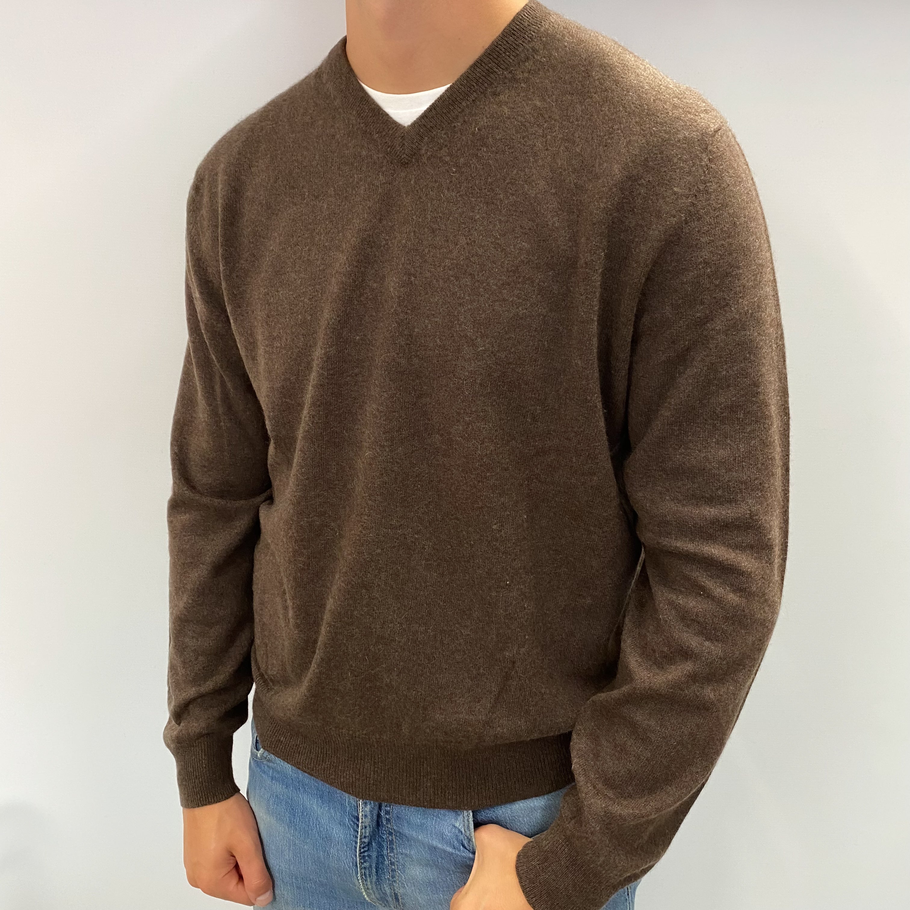 Men's Donkey Brown Cashmere V Neck Jumper XXL