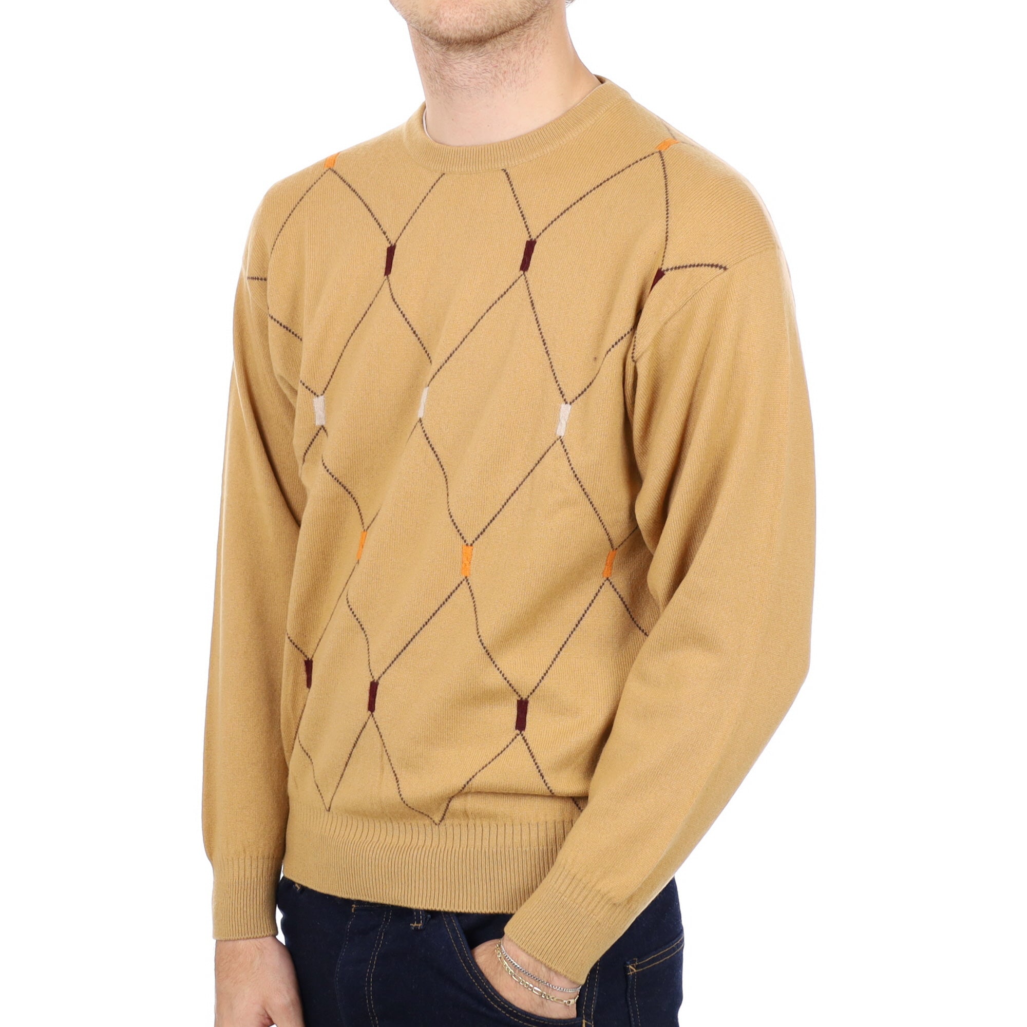 Men's Mustard Yellow Patterned Cashmere Crew Neck Jumper Medium