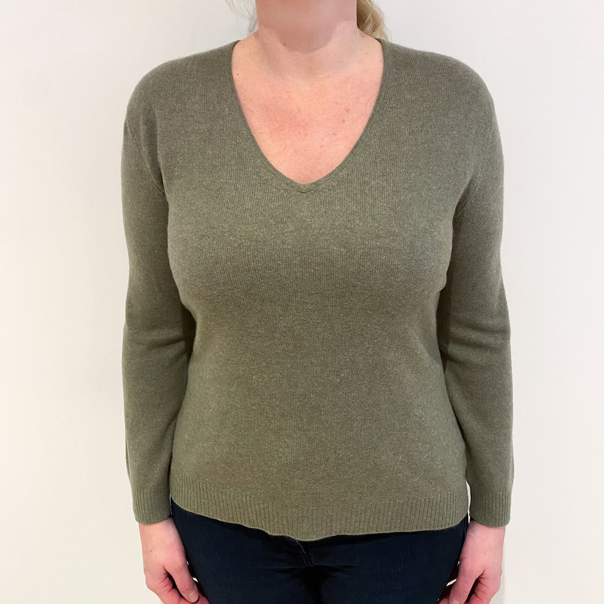 Olive Green Cashmere V Neck Jumper Large