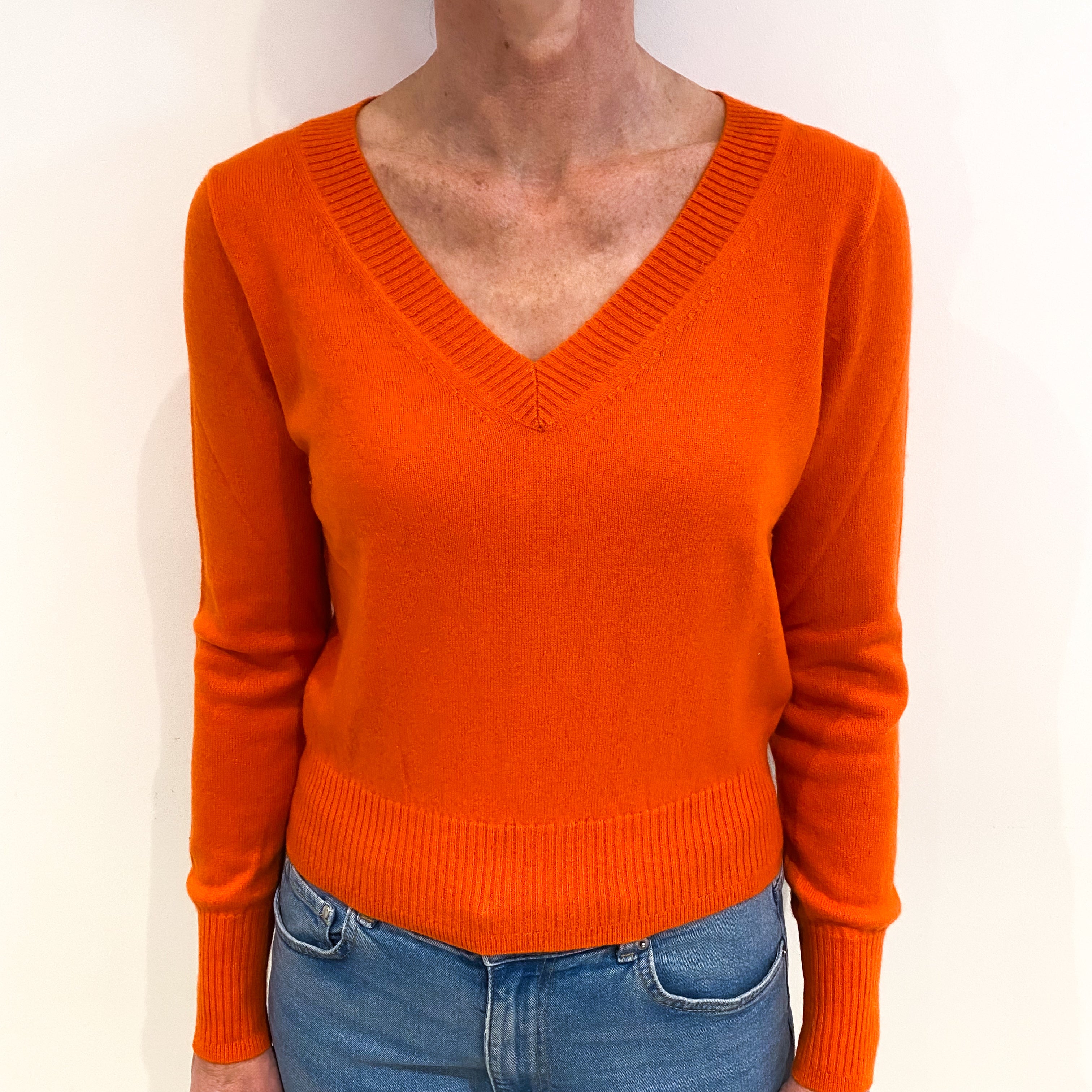 Tangerine Orange Cashmere V Neck Jumper Small
