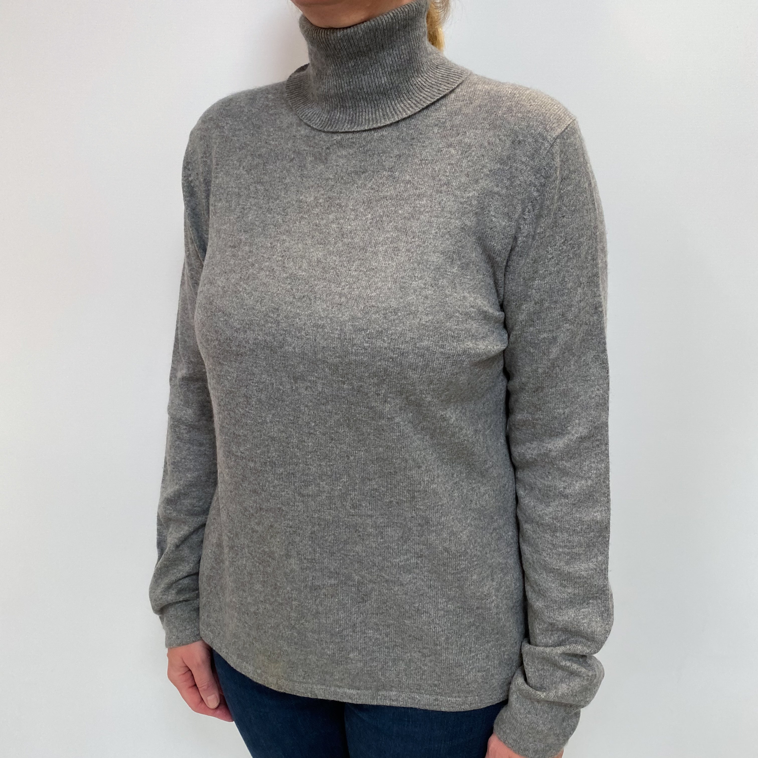 Ash Grey Cashmere Polo Neck Jumper Large