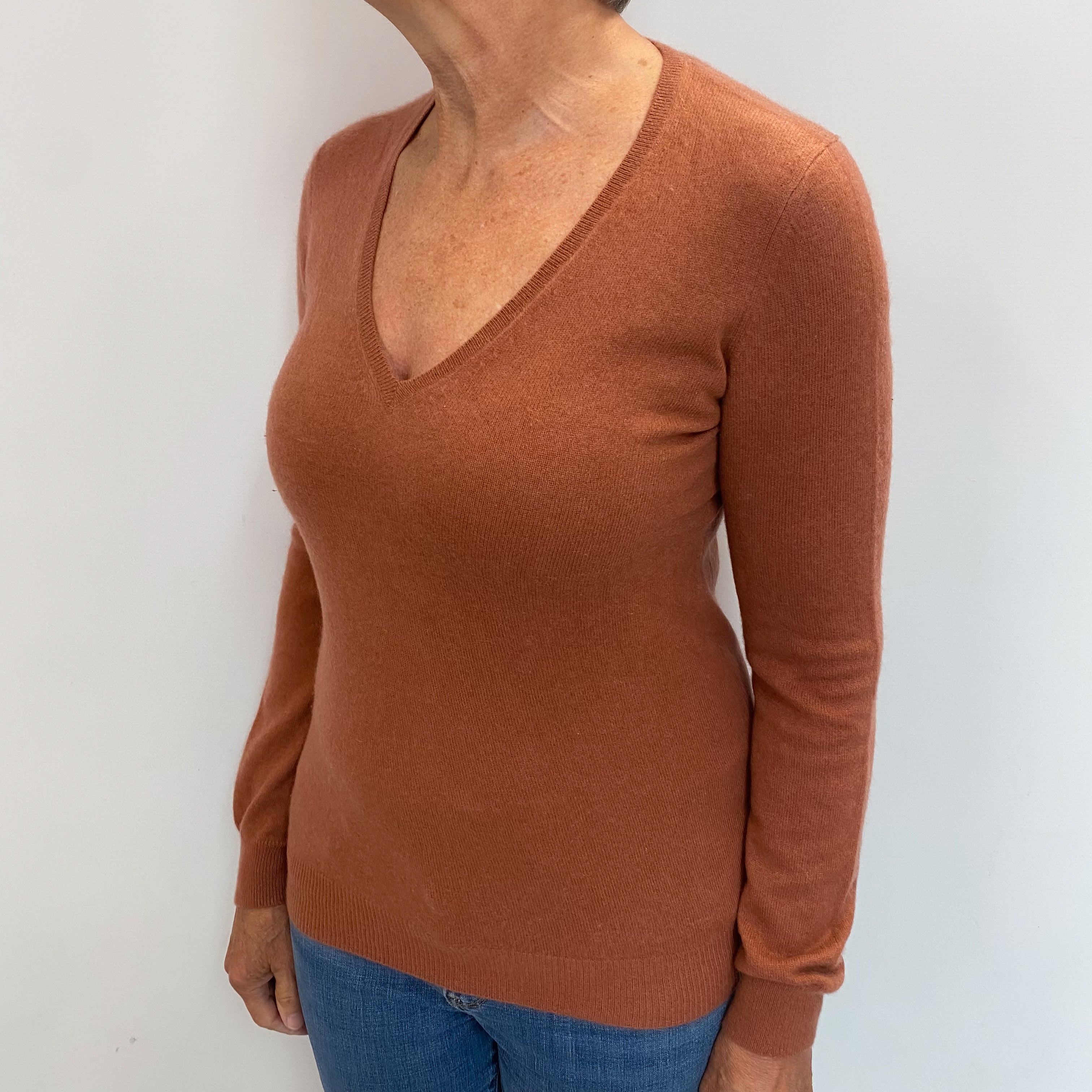 Terracotta Orange Cashmere V Neck Jumper Medium
