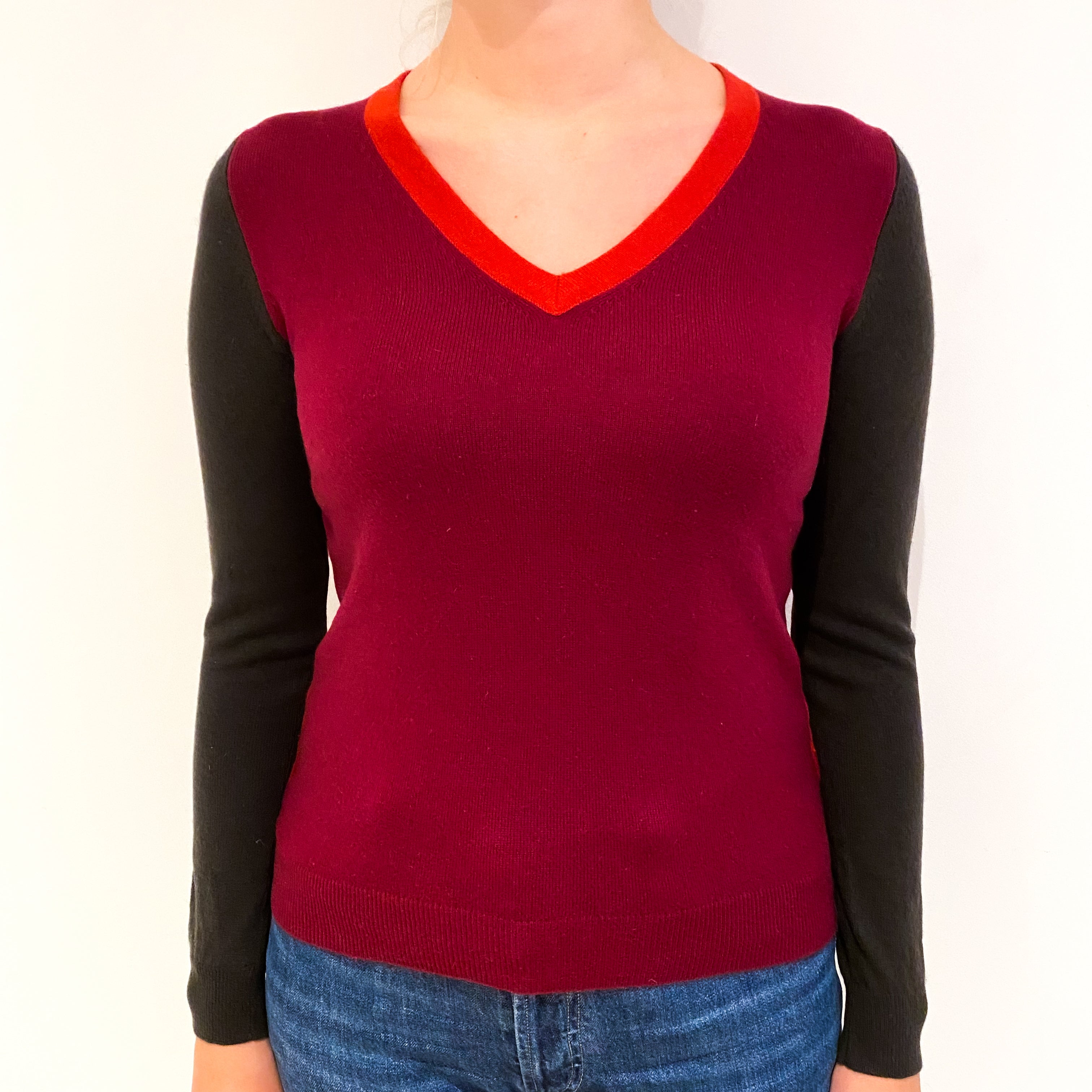 Burgundy Colour Block Cashmere V-Neck Jumper Small