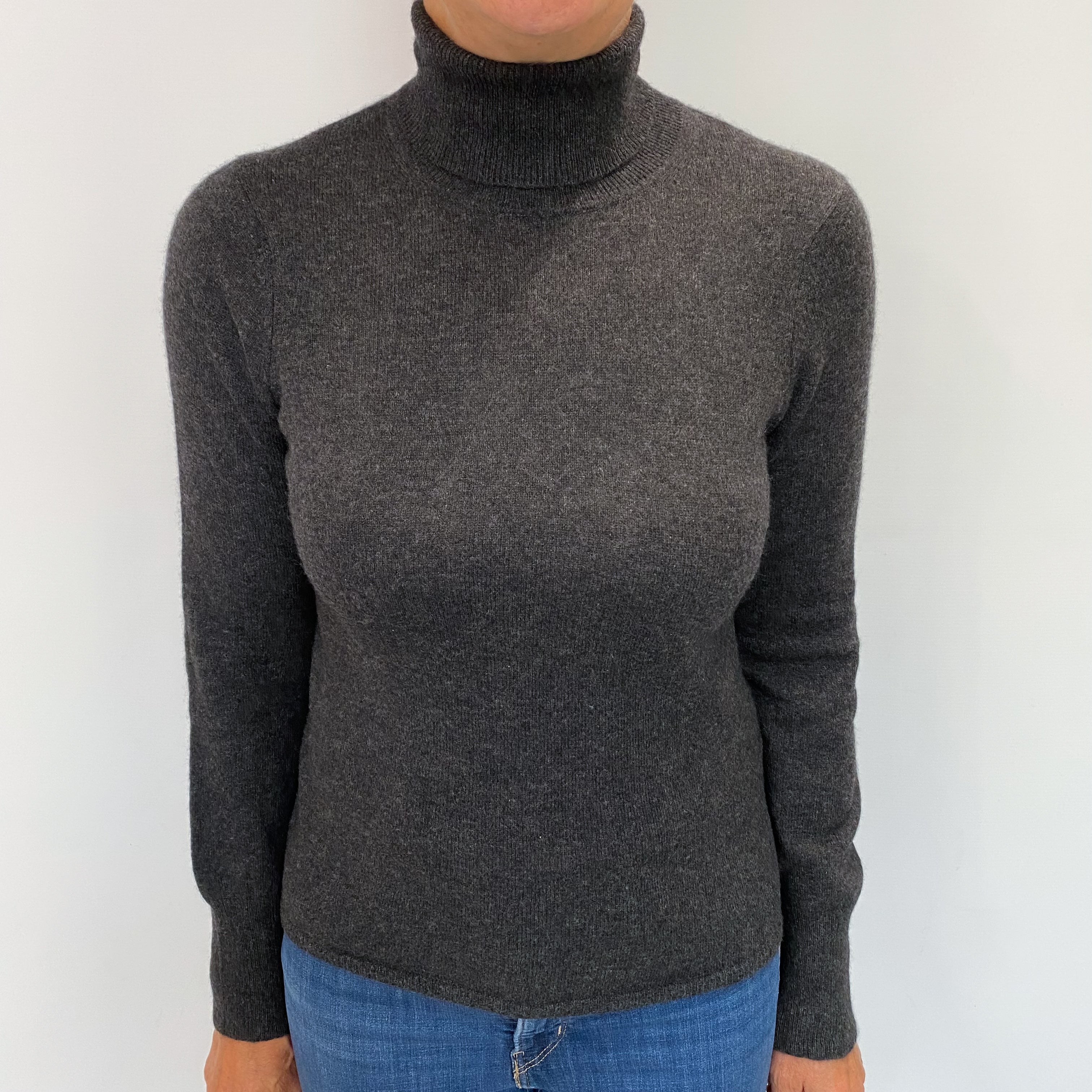 Charcoal Grey Cashmere Polo Neck Jumper Medium