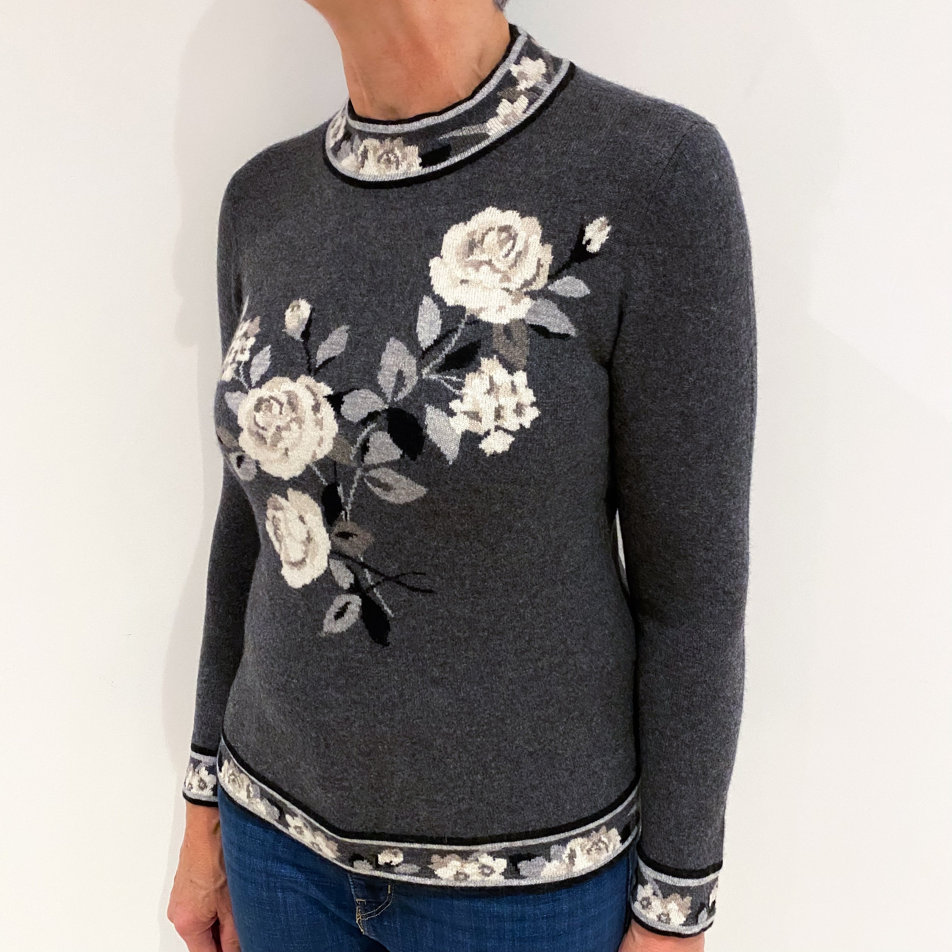 Slate Grey Floral Cashmere Turtle Neck Jumper Medium