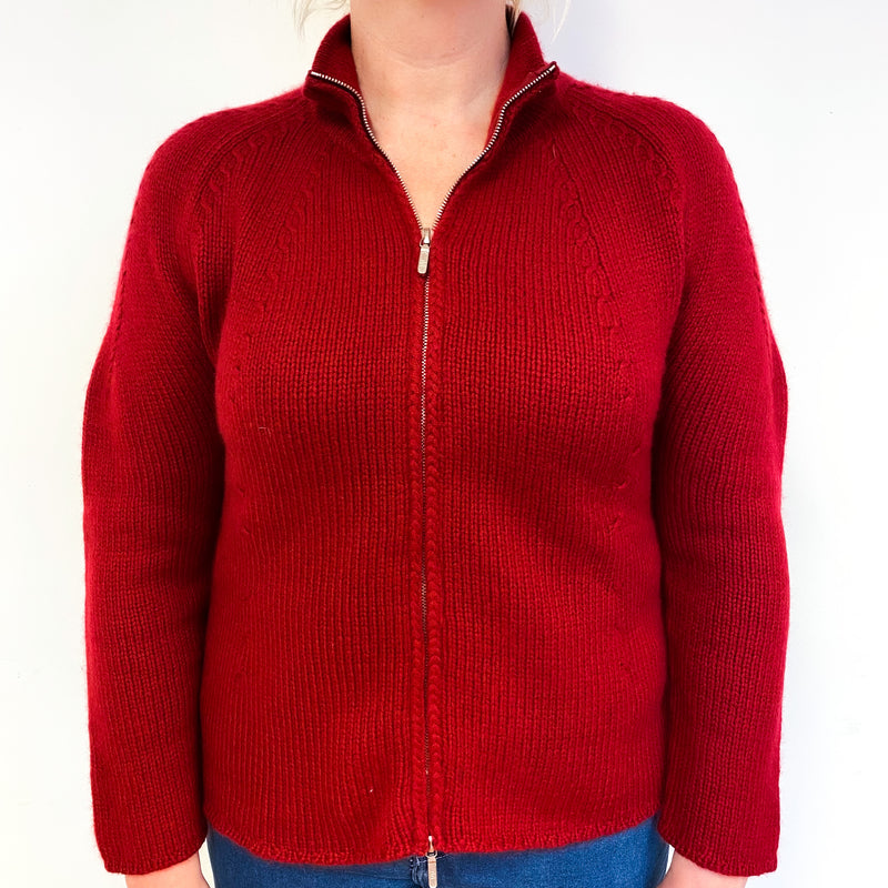 Crimson Red Chunky Cashmere Zip Turtle Neck Cardigan Large