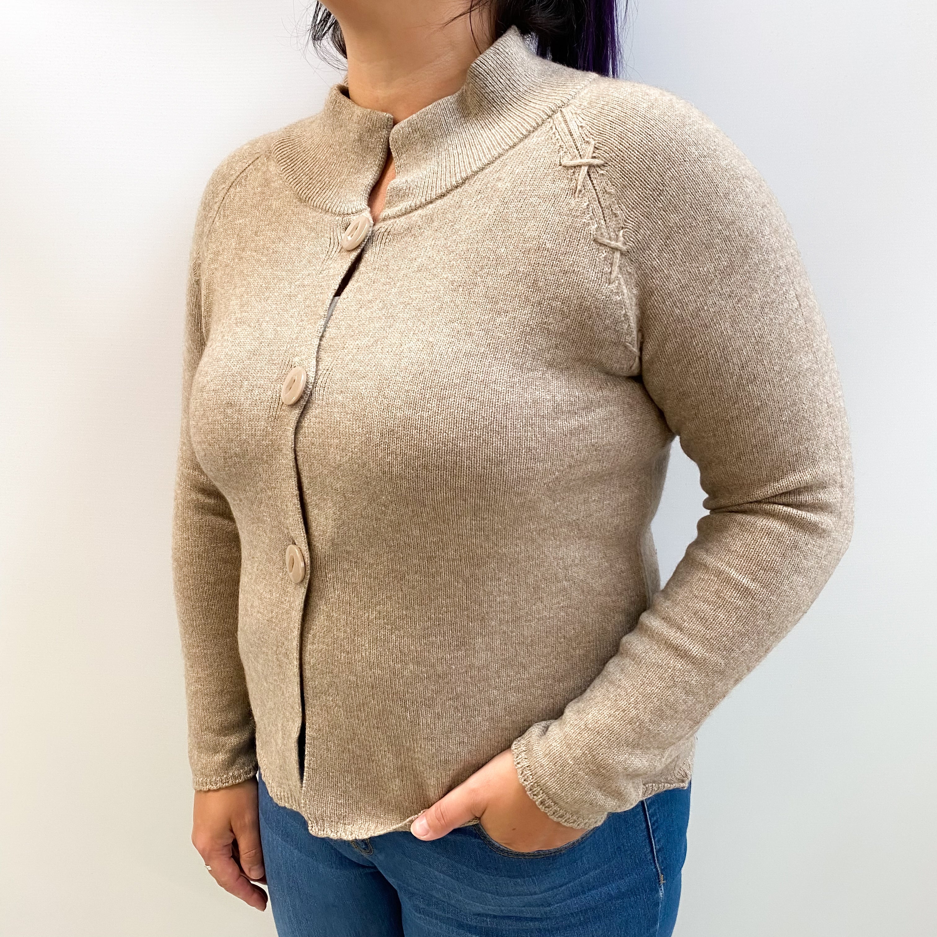Taupe Brown Cashmere Collared Crew Neck Cardigan Large