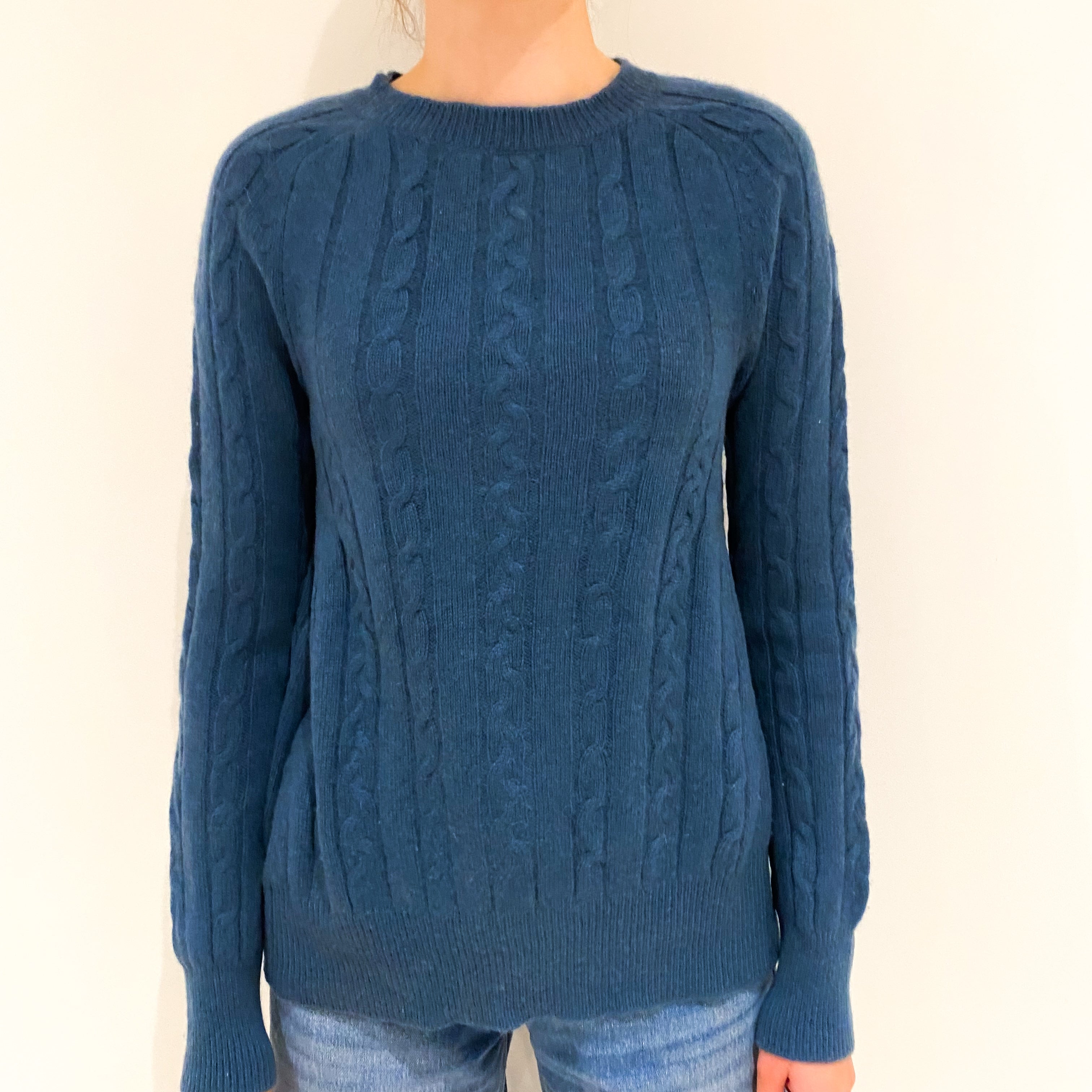 Airforce Blue Cable Knit Cashmere Crew Neck Jumper Extra Small