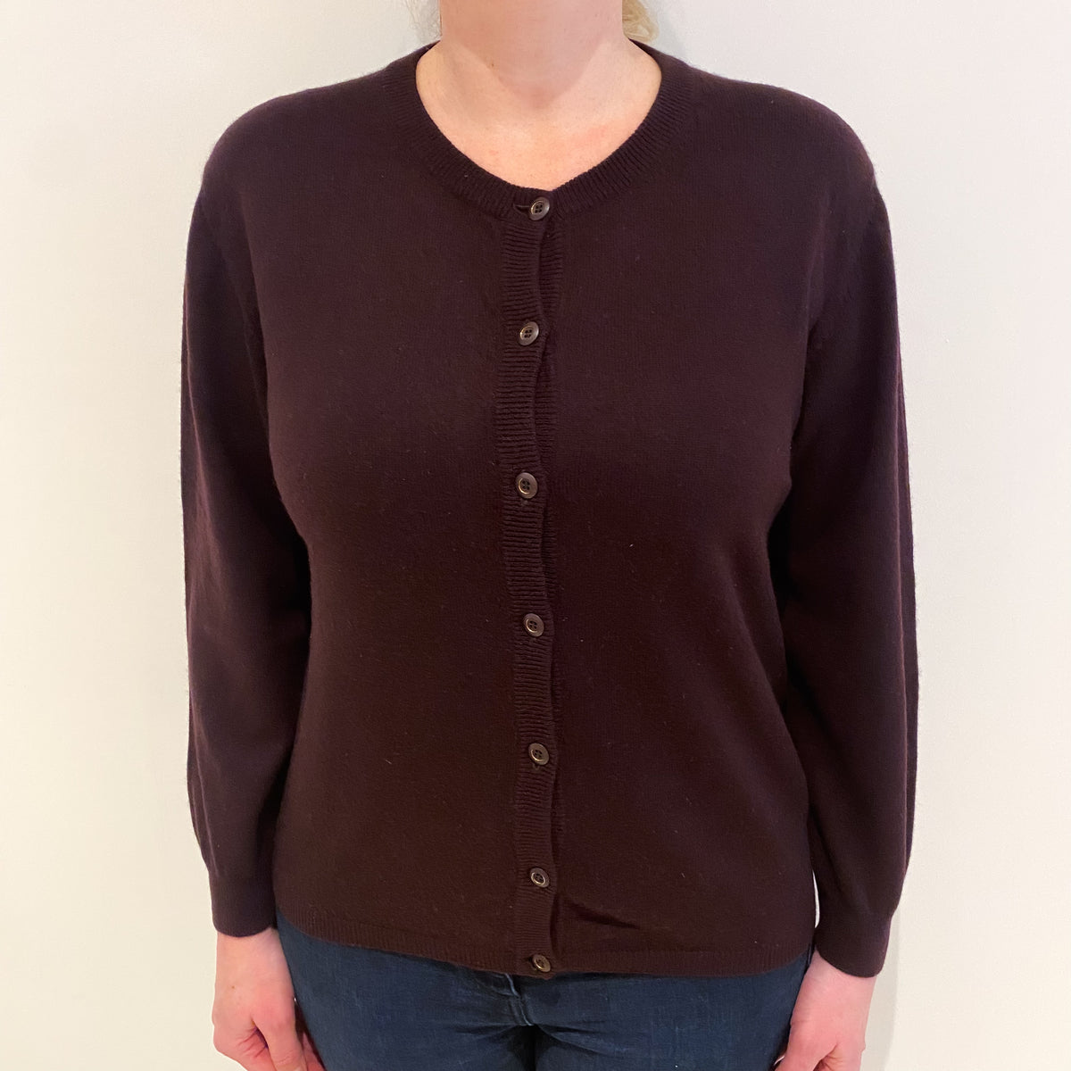 Dark Aubergine Purple Cashmere Crew Neck Cardigan Large
