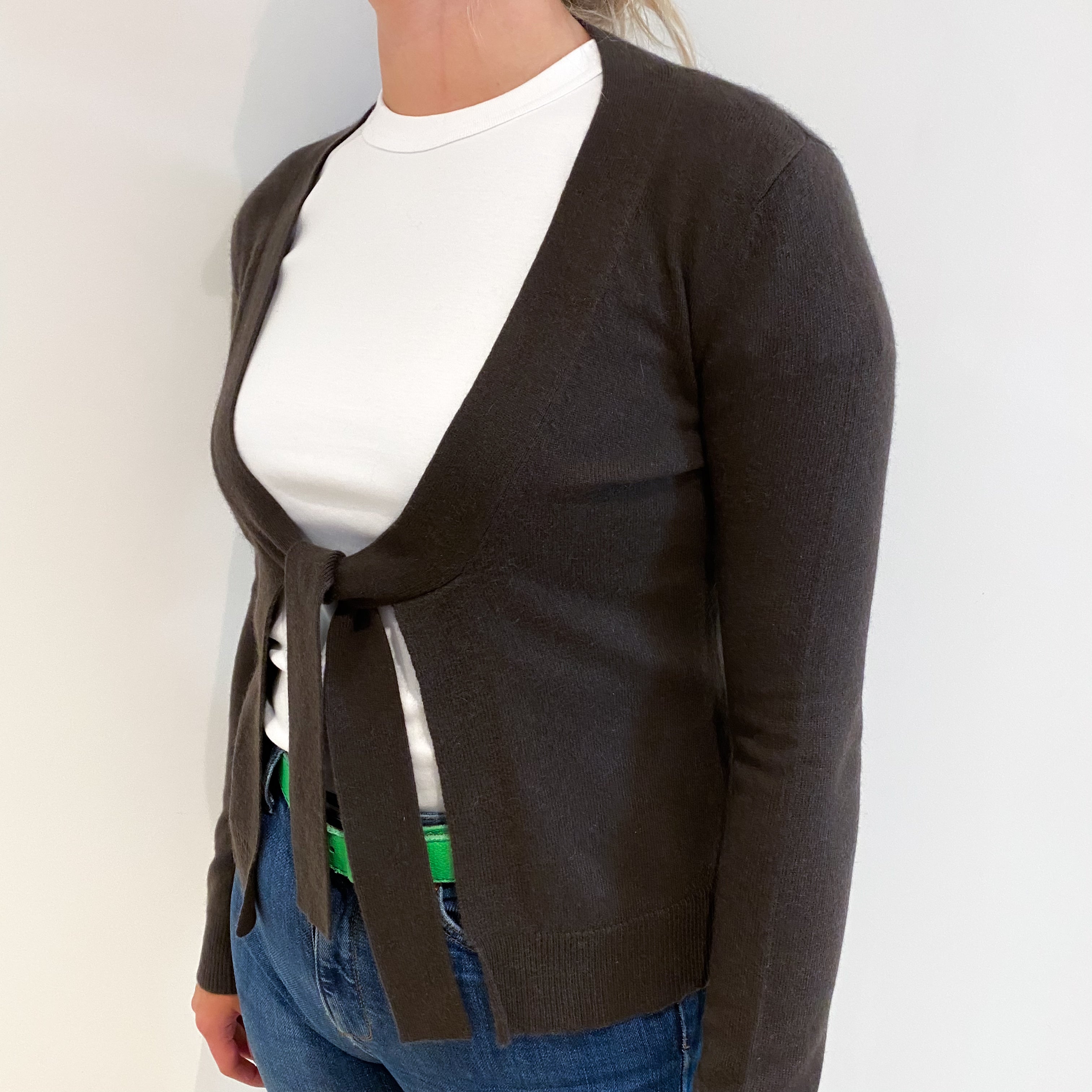 Peppercorn Brown Cashmere Tie Front Cardigan Small