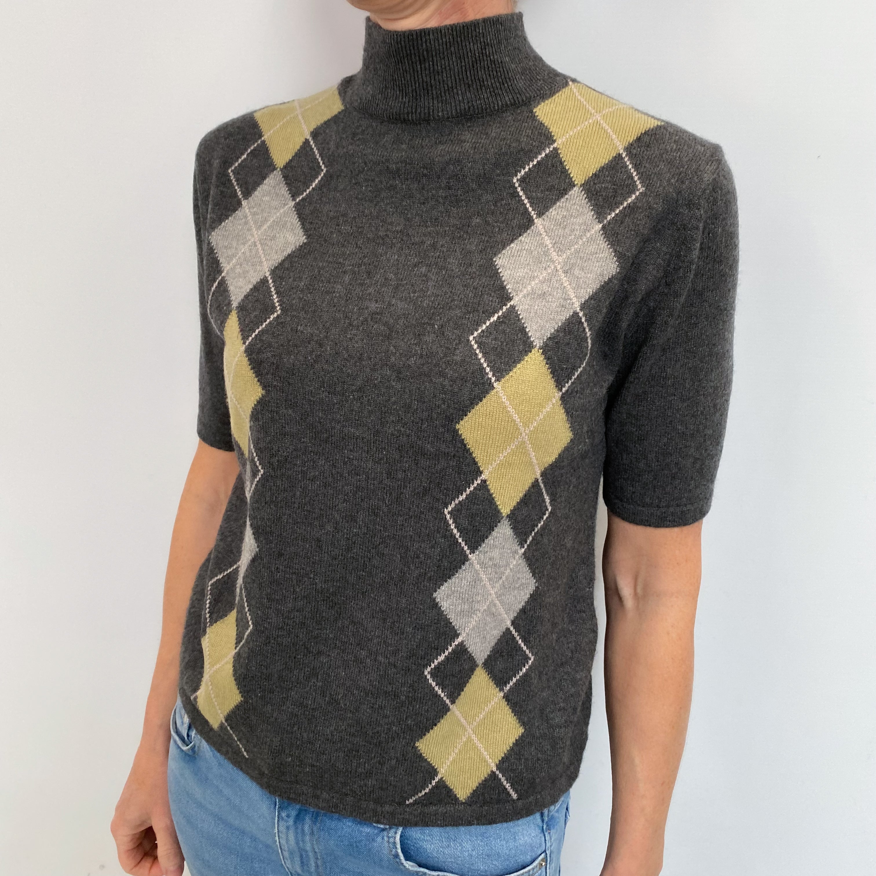 Slate Grey Diamond Cashmere Short Sleeved Polo Neck Jumper Small