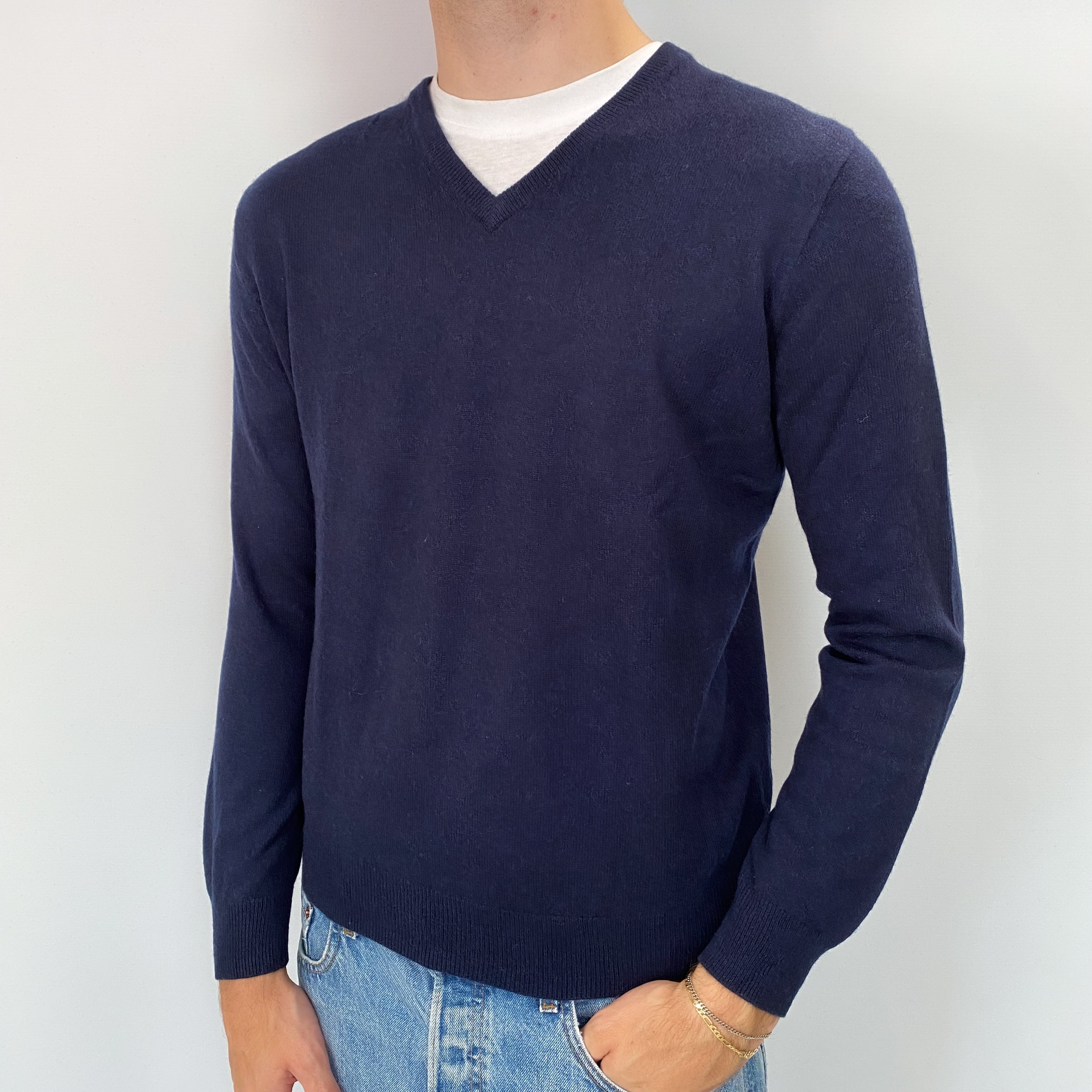 Men's Navy Cashmere V Neck Jumper Medium