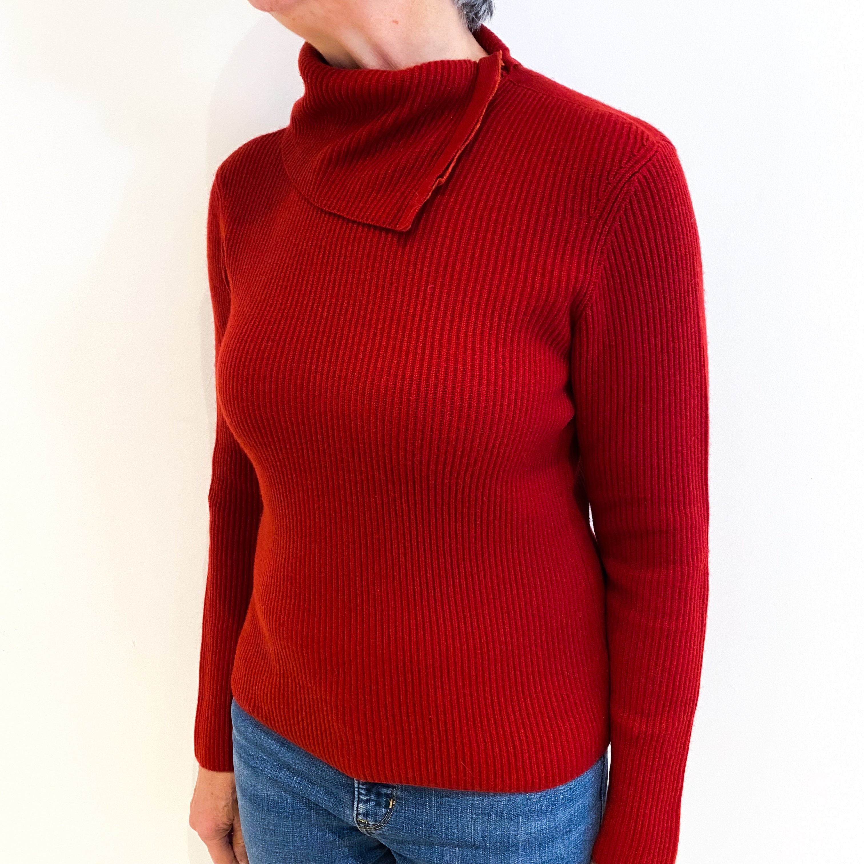 Crimson Red Cashmere Button Up Polo Neck Jumper Medium