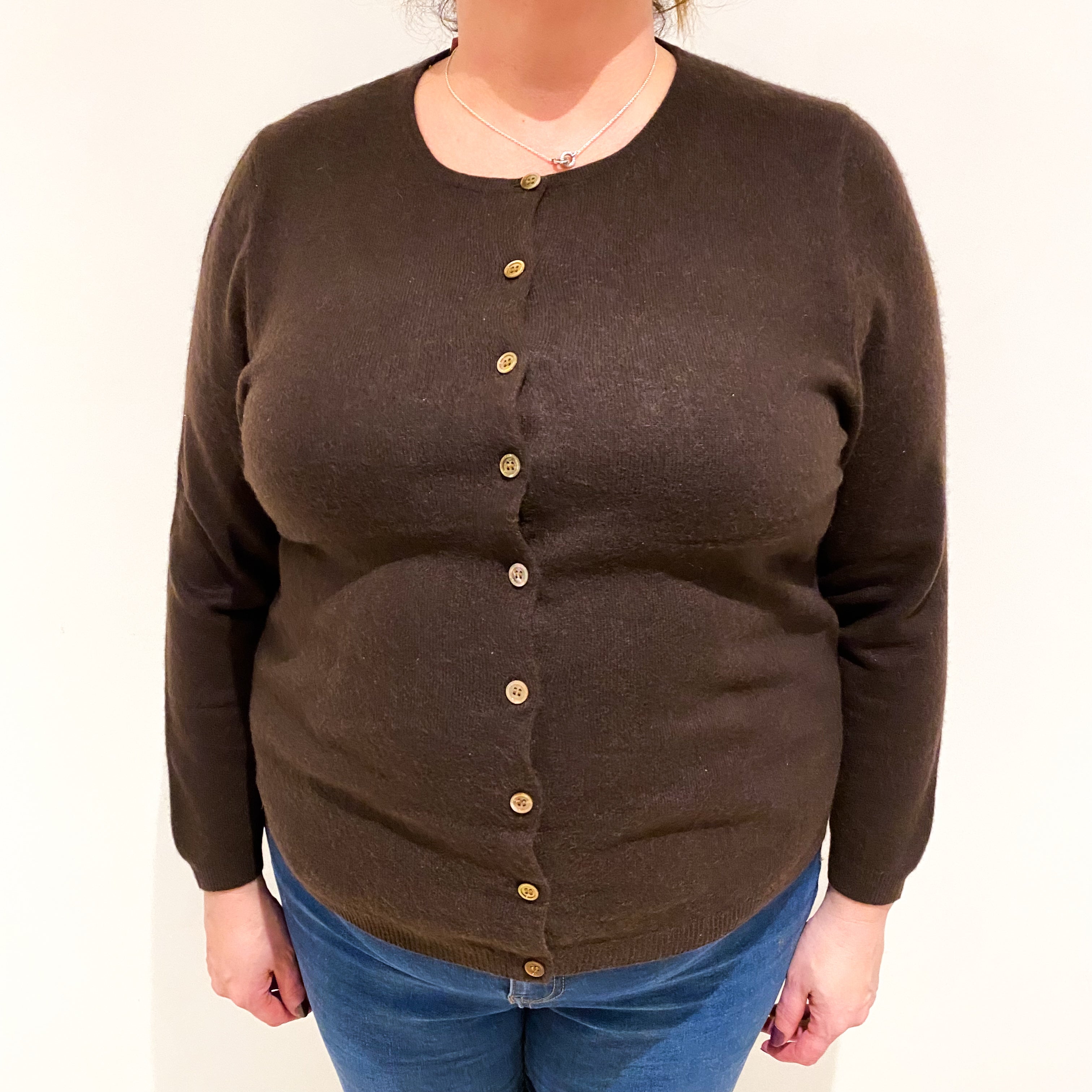 Chocolate Brown Cashmere Crew Neck Cardigan Extra Large