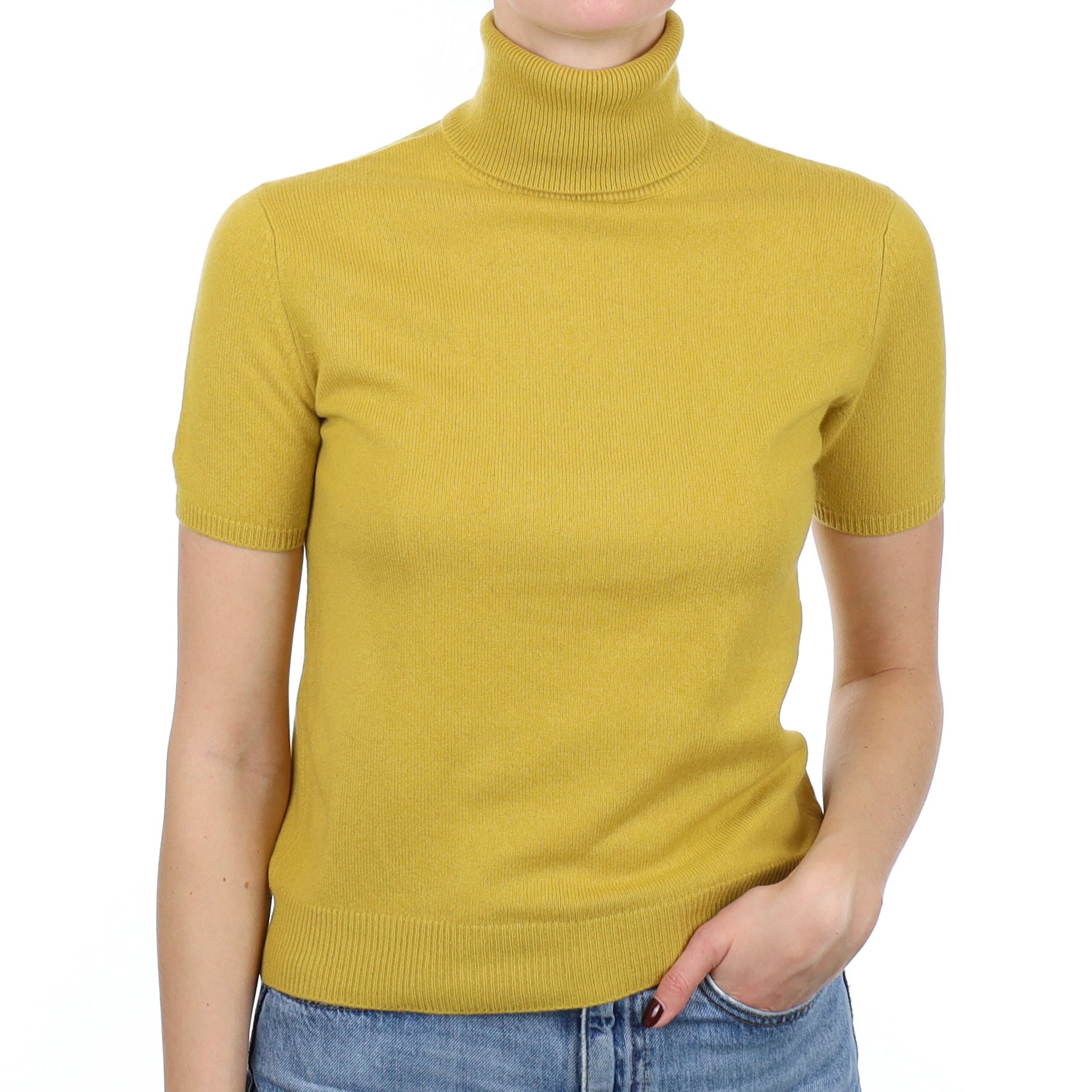 Lichen Yellow Cashmere Short Sleeve Polo Neck Jumper Small