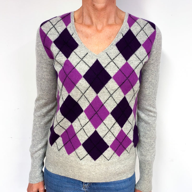 Smoke Grey Purple Diamond Cashmere V-Neck Jumper Medium