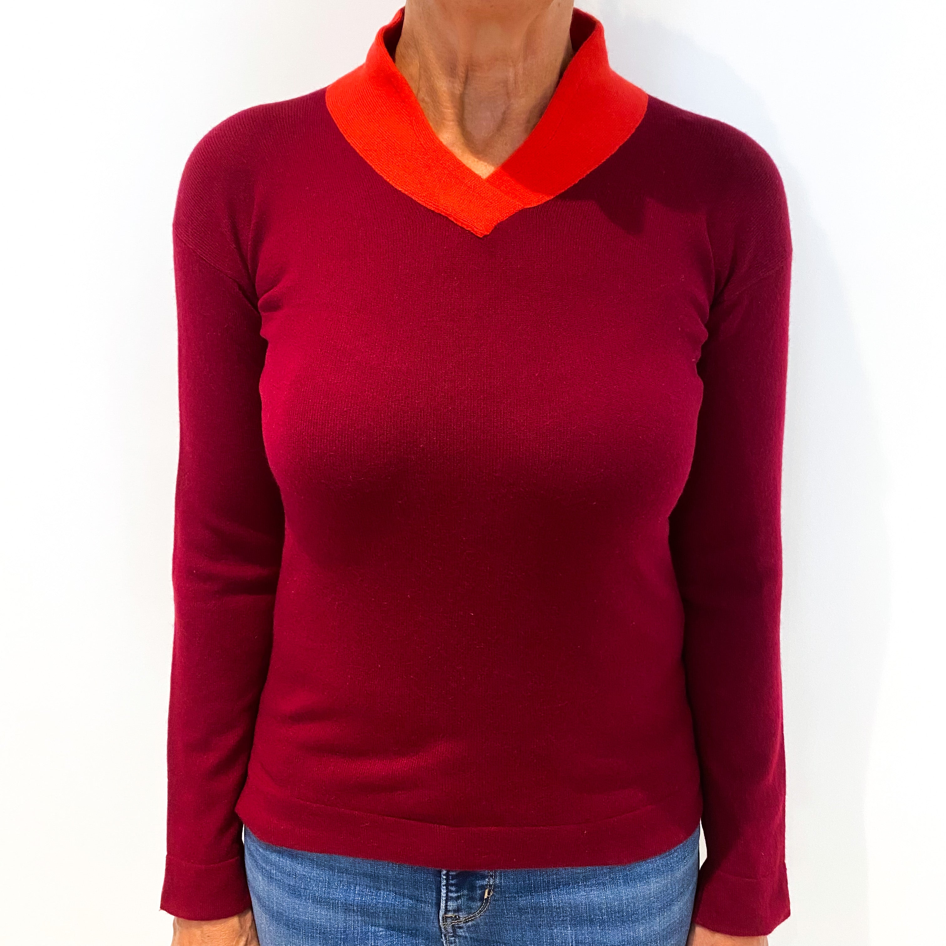 Vintage Burgundy Red Cashmere V-Neck Jumper with Post Box Red Collar Medium