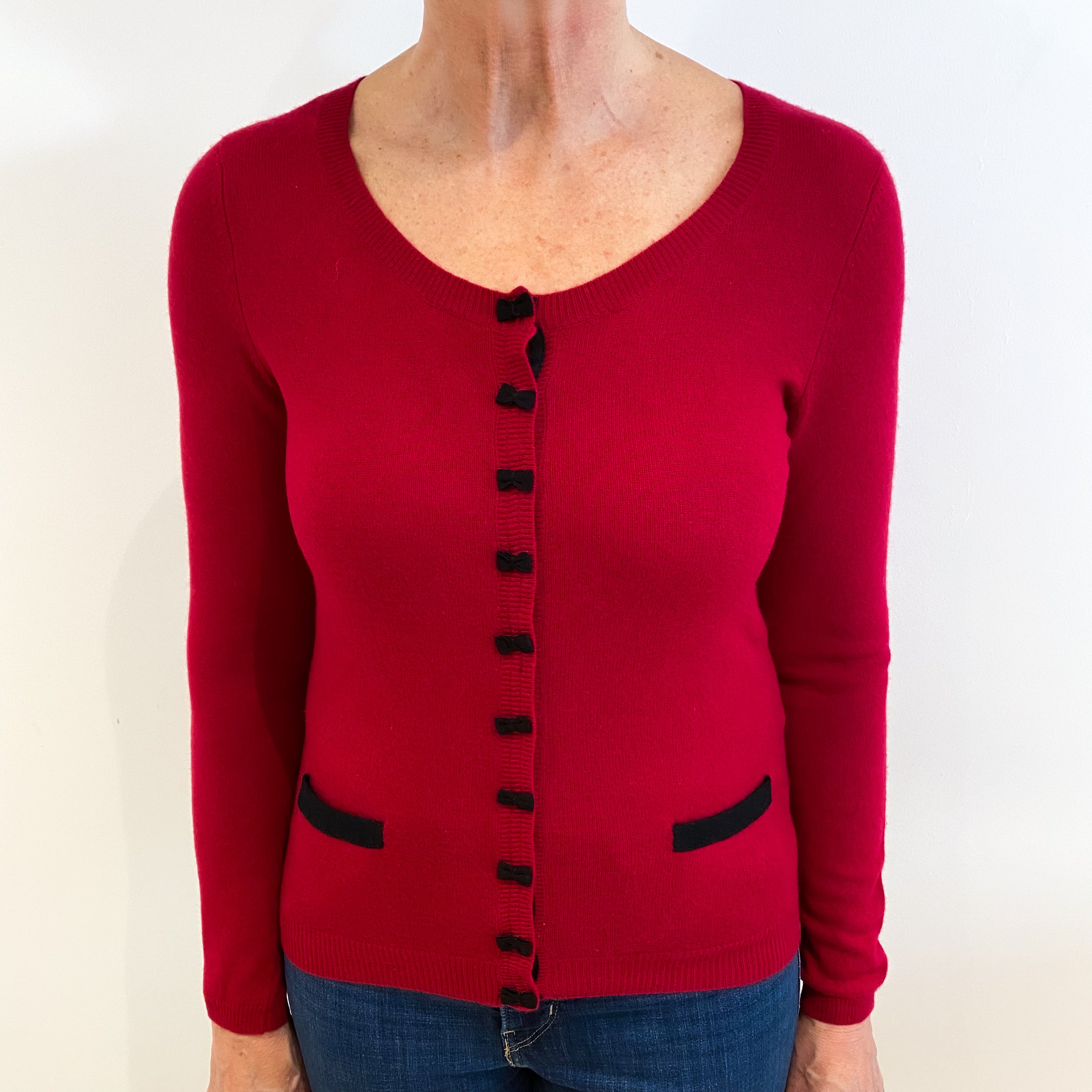 Ruby Red Cashmere Scoop Neck Cardigan with Small Bow Fasteners Medium