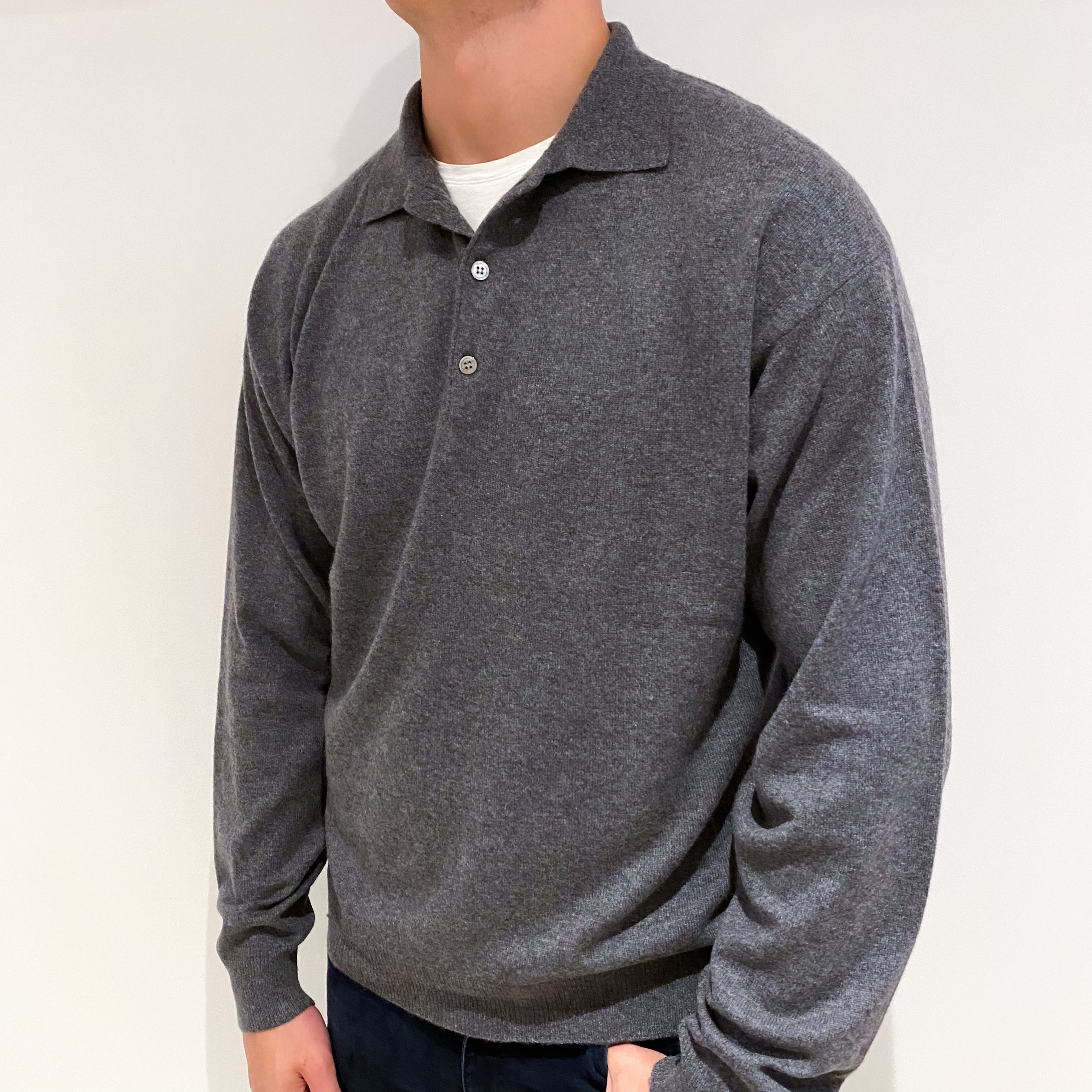 Men's Slate Grey Collared Cashmere 1/4 Button Jumper Extra Large