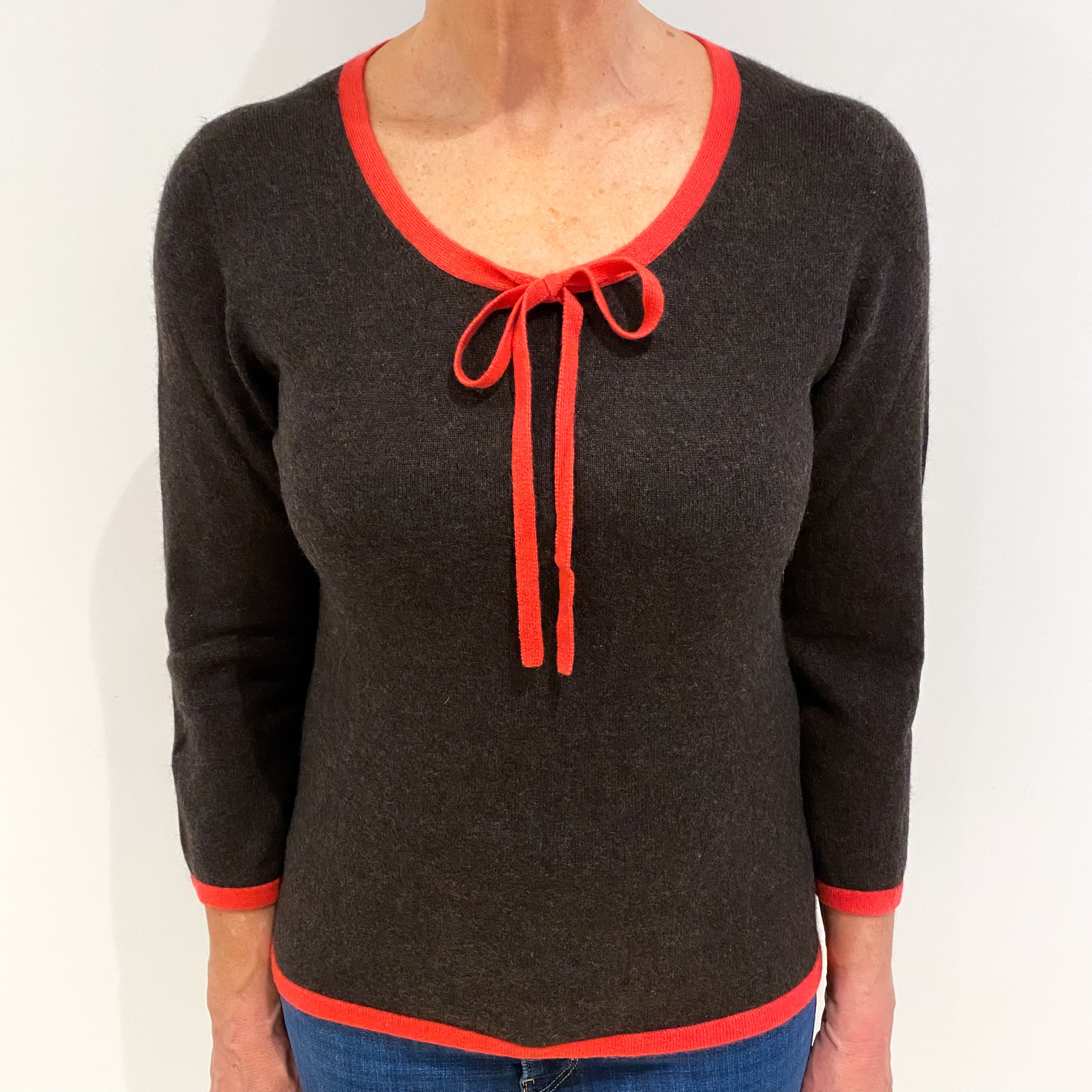 Peppercorn Brown Pink Trim Cashmere Crew Neck Jumper Medium