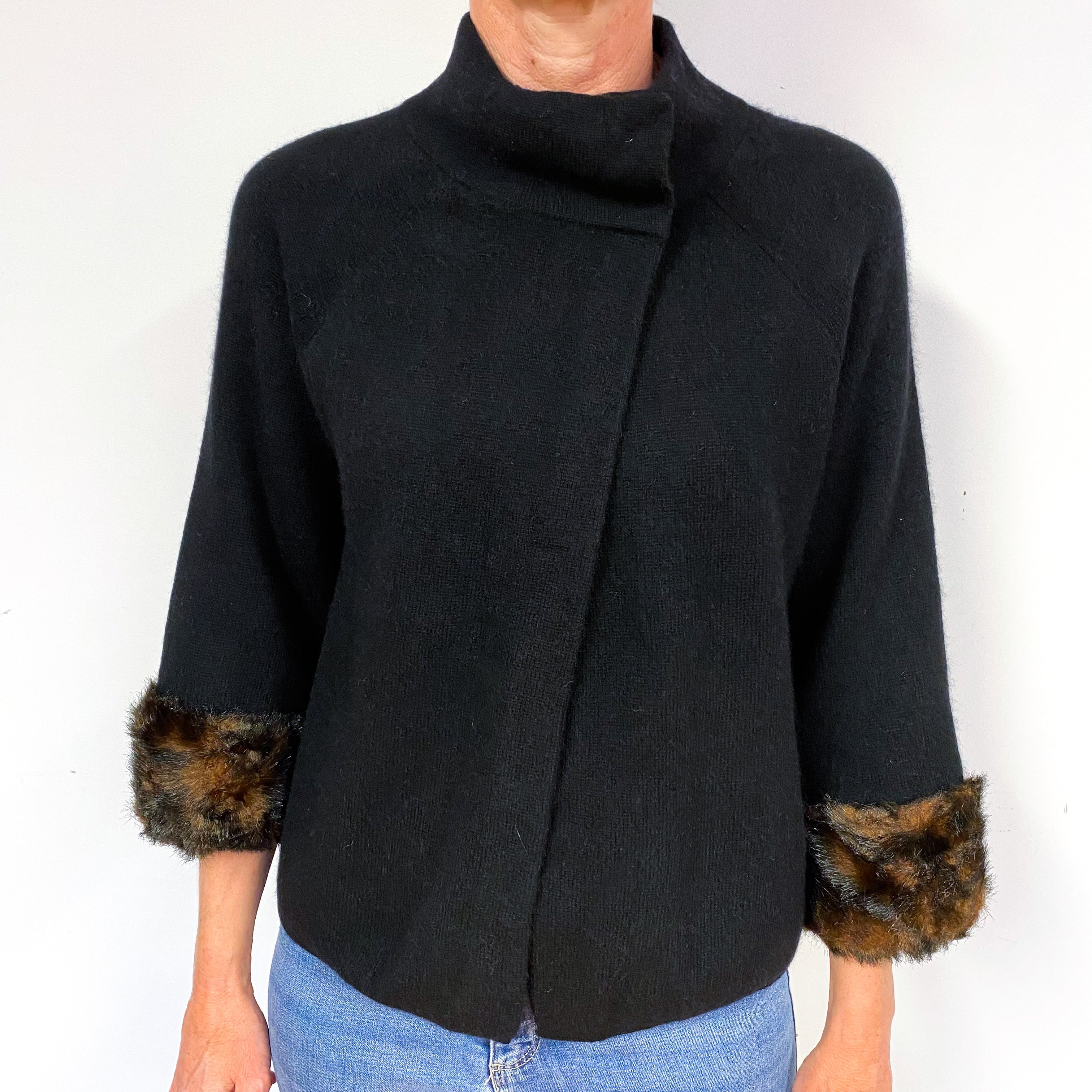 Black Faux Fur Cuff Cashmere Turtle Neck Cardigan Medium