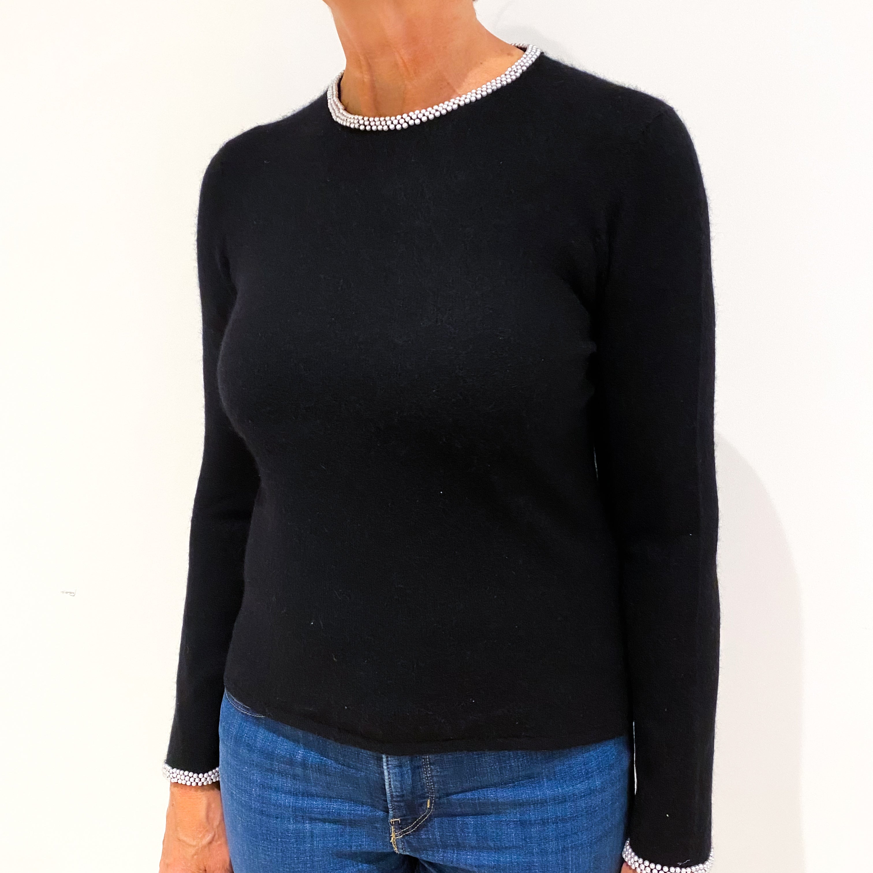 Black Beaded Cashmere Crew Neck Jumper Medium