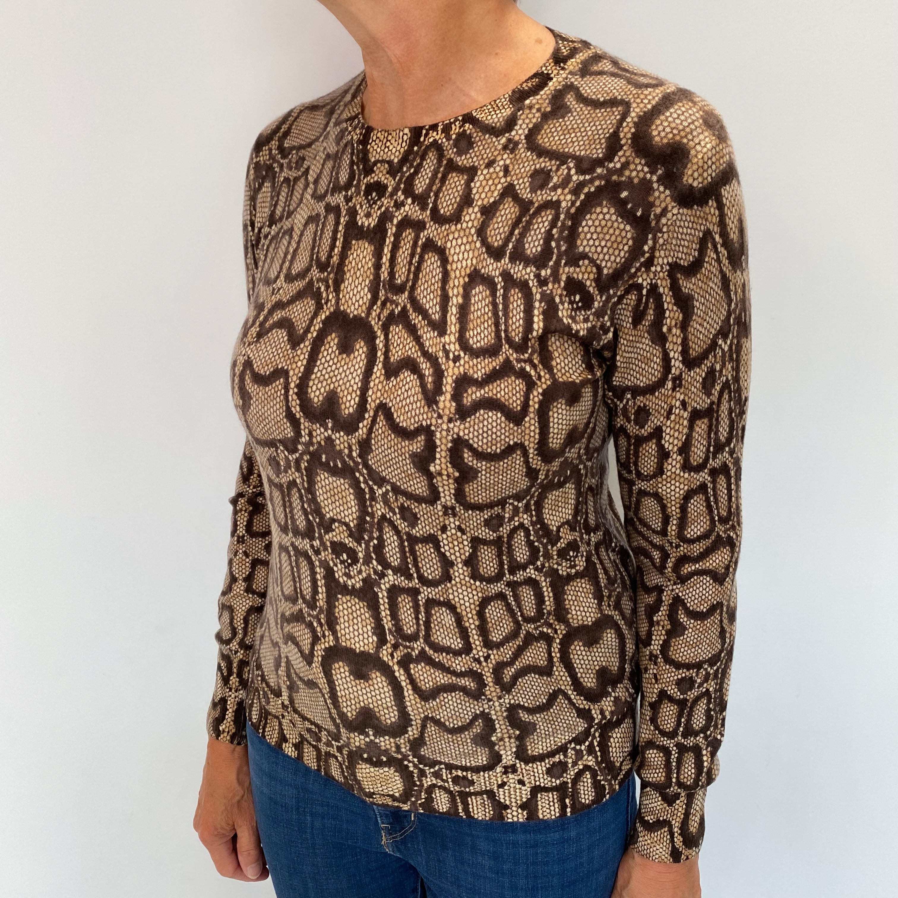 Brown Snake Print Cashmere Crew Neck Jumper Medium