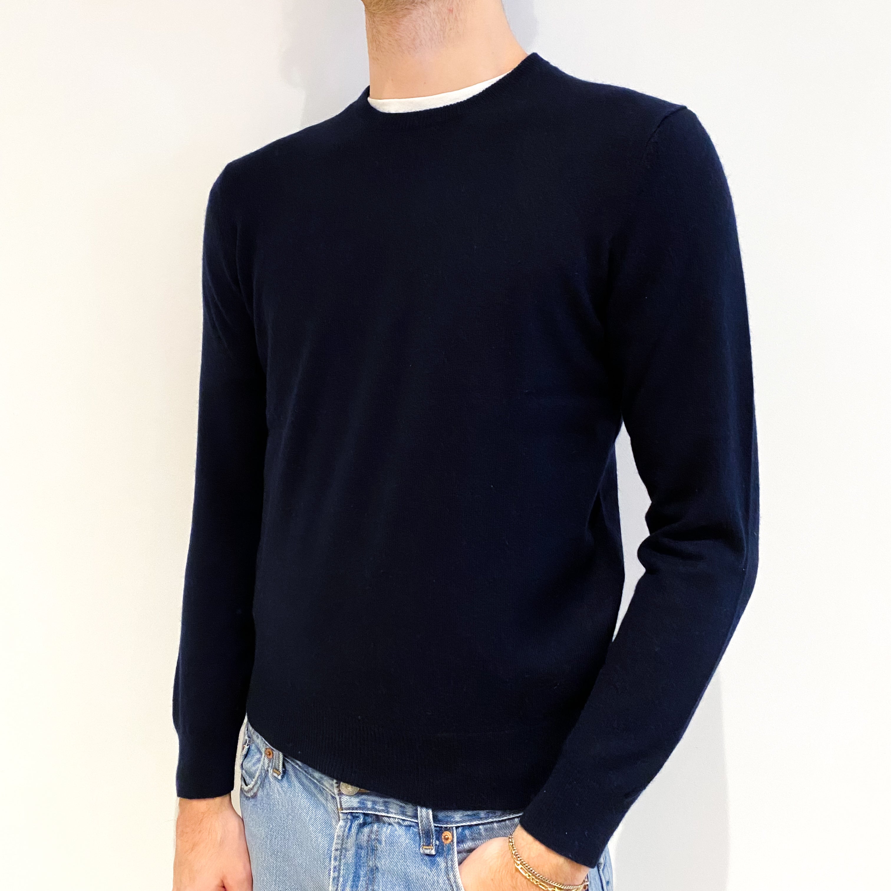Men's Navy Blue Cashmere Crew Neck Jumper Medium