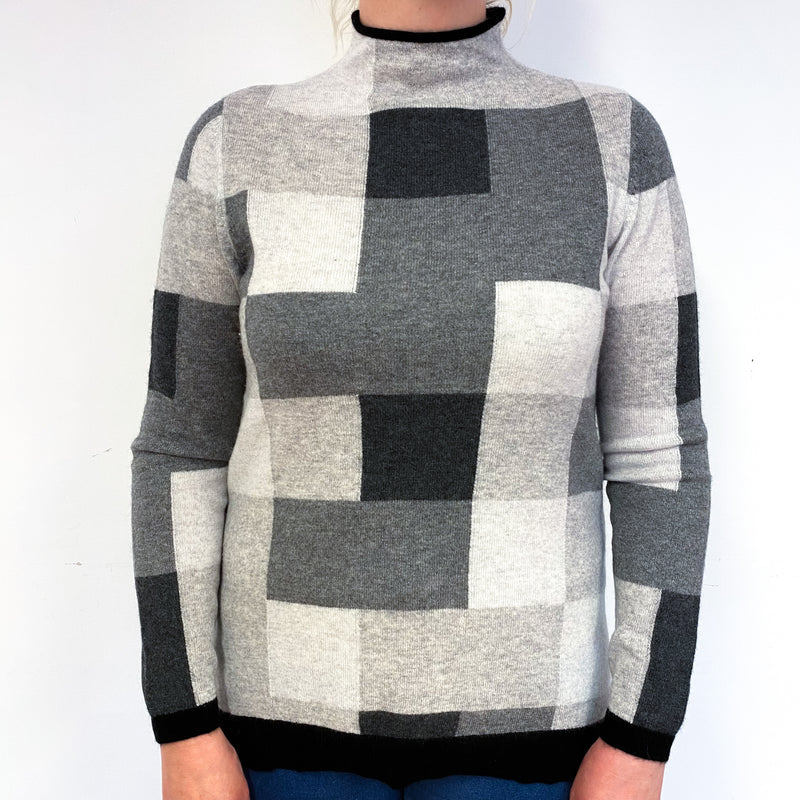Grey Checked Cashmere Turtle Neck Jumper Large