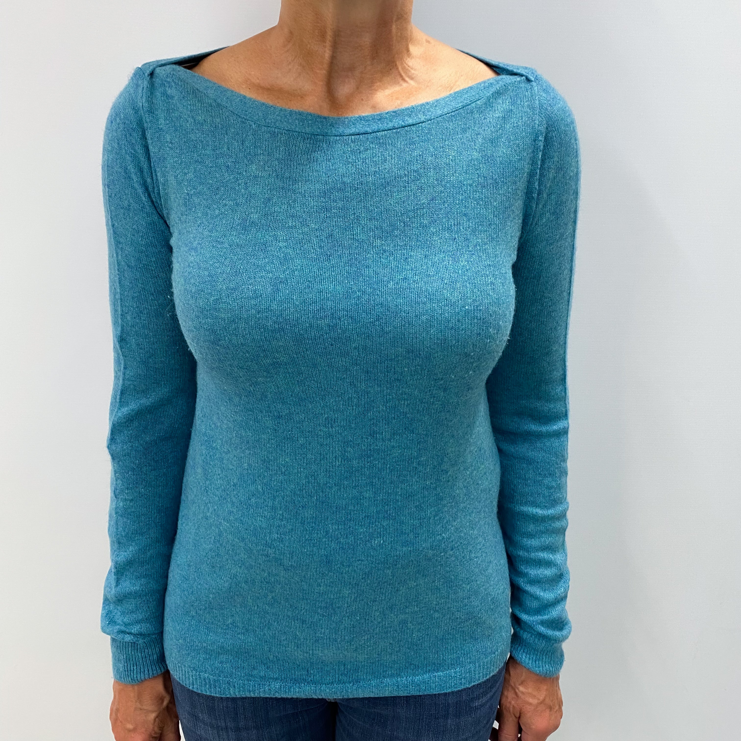 Aqua Blue Marl Cashmere Slash Neck Jumper Medium