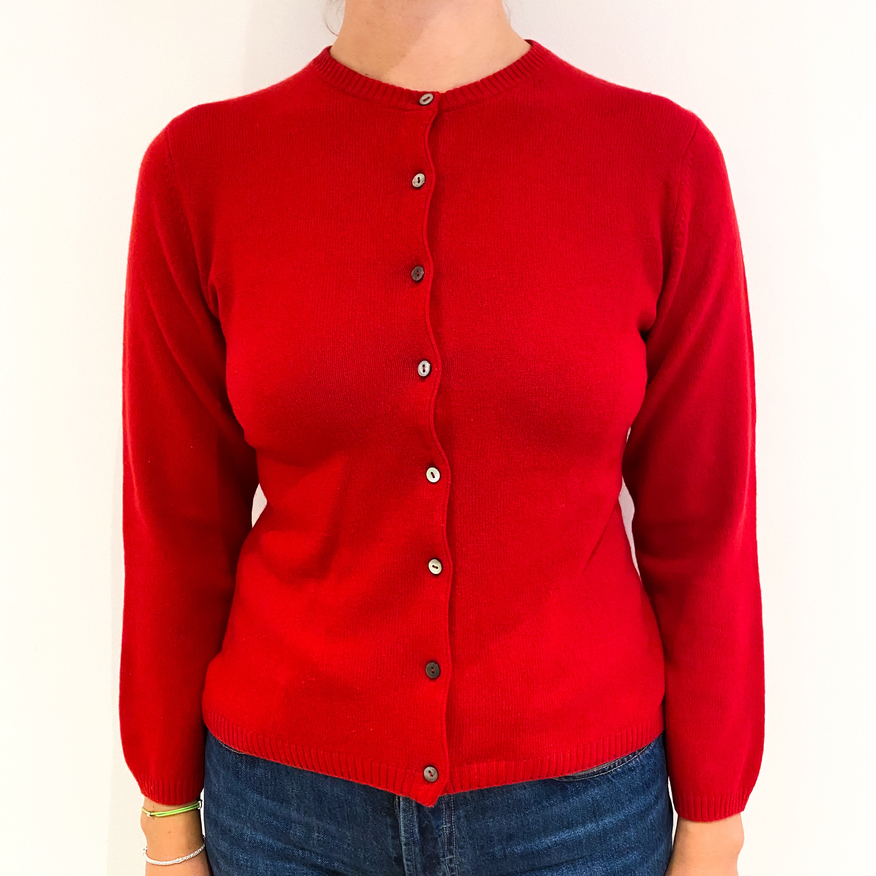 Post Box Red Cashmere Crew Neck Cardigan Small